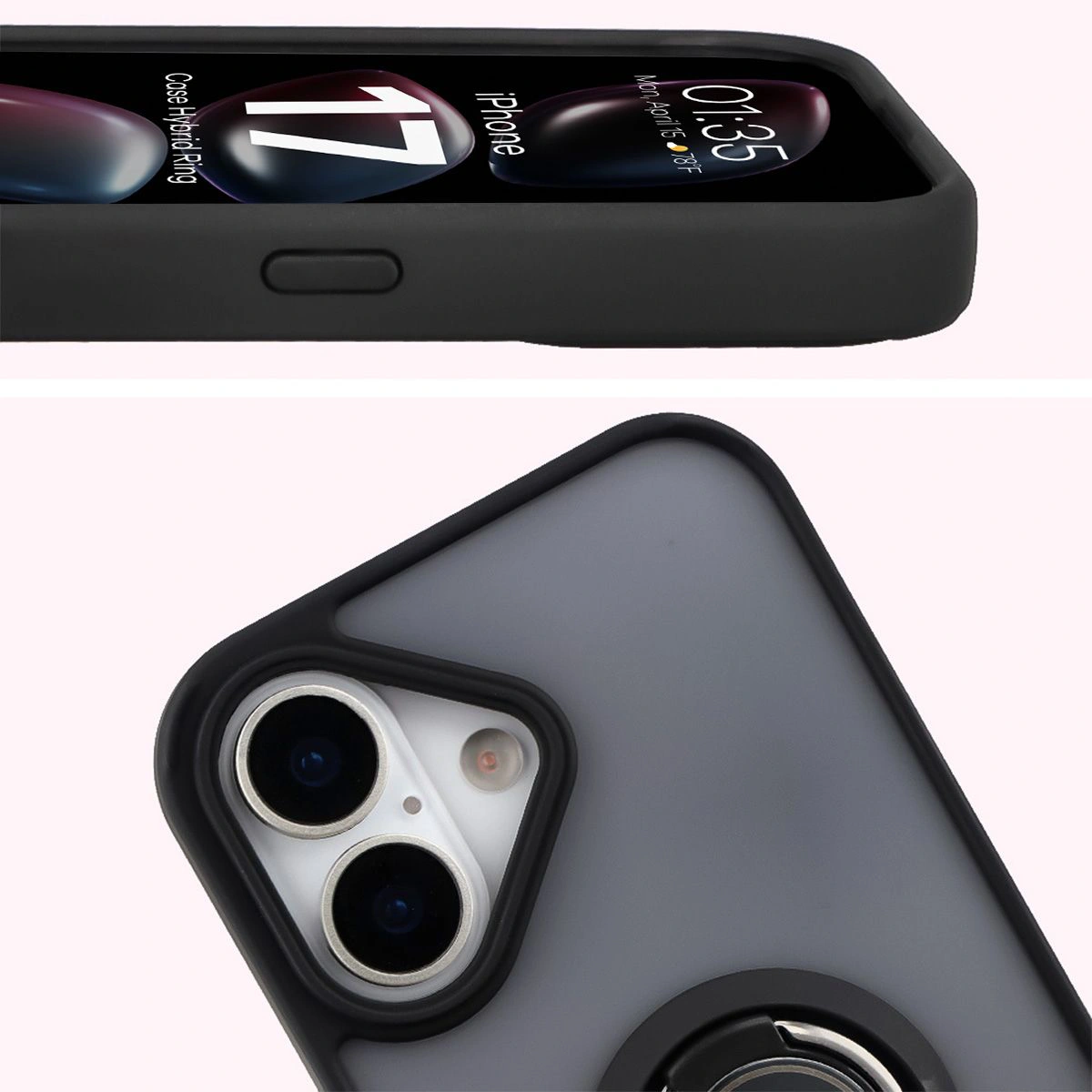 Close-up of the raised edges near the display and camera island in the Bizon Hybrid Ring case for Apple iPhone 17