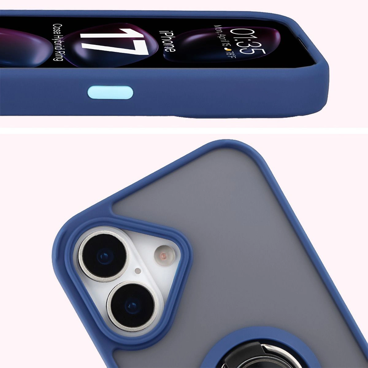 Close-up of raised edges near the display and camera island in the Bison Hybrid Ring case for Apple iPhone 17