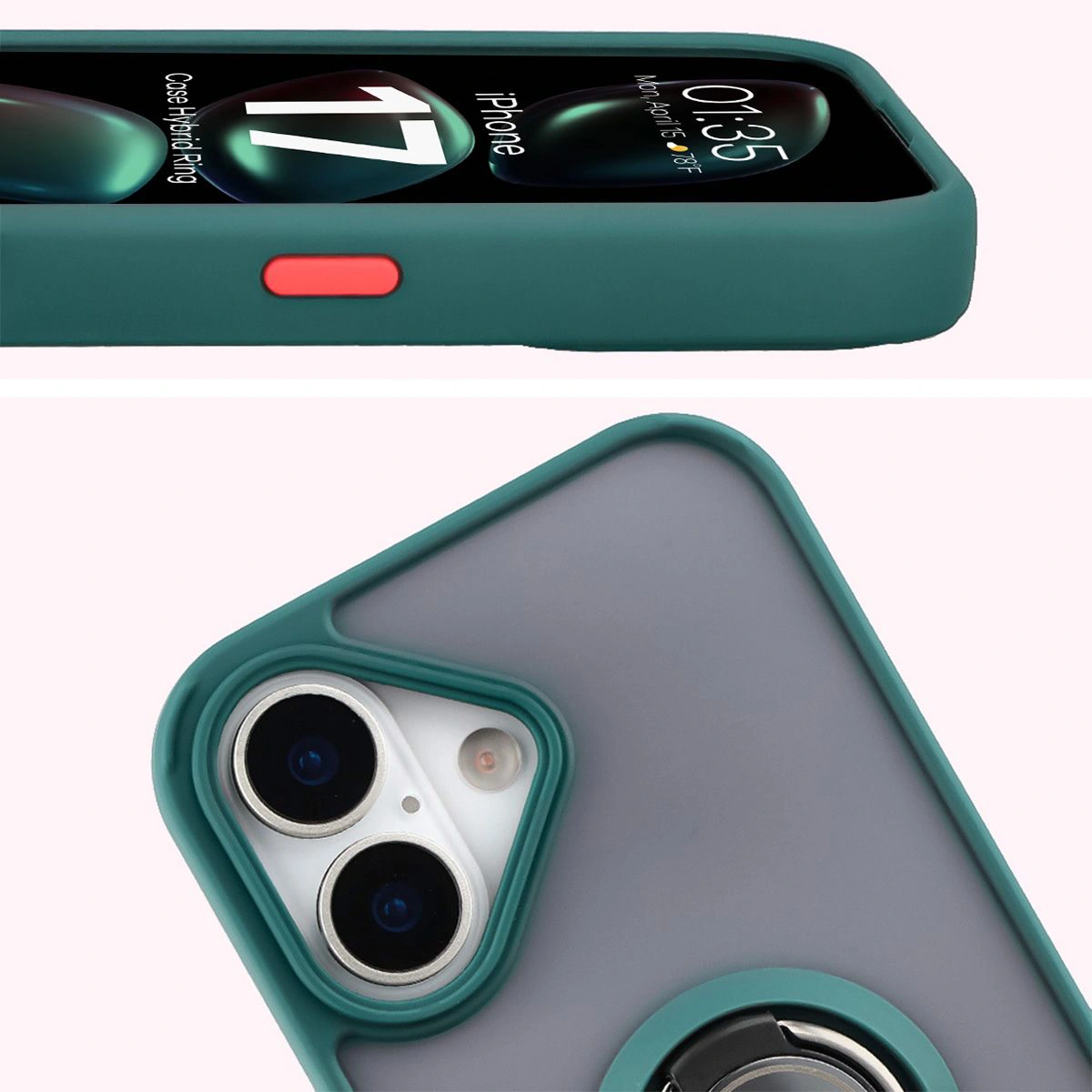 Close-up of raised edges near the display and camera island in the Bison Hybrid Ring case for Apple iPhone 17
