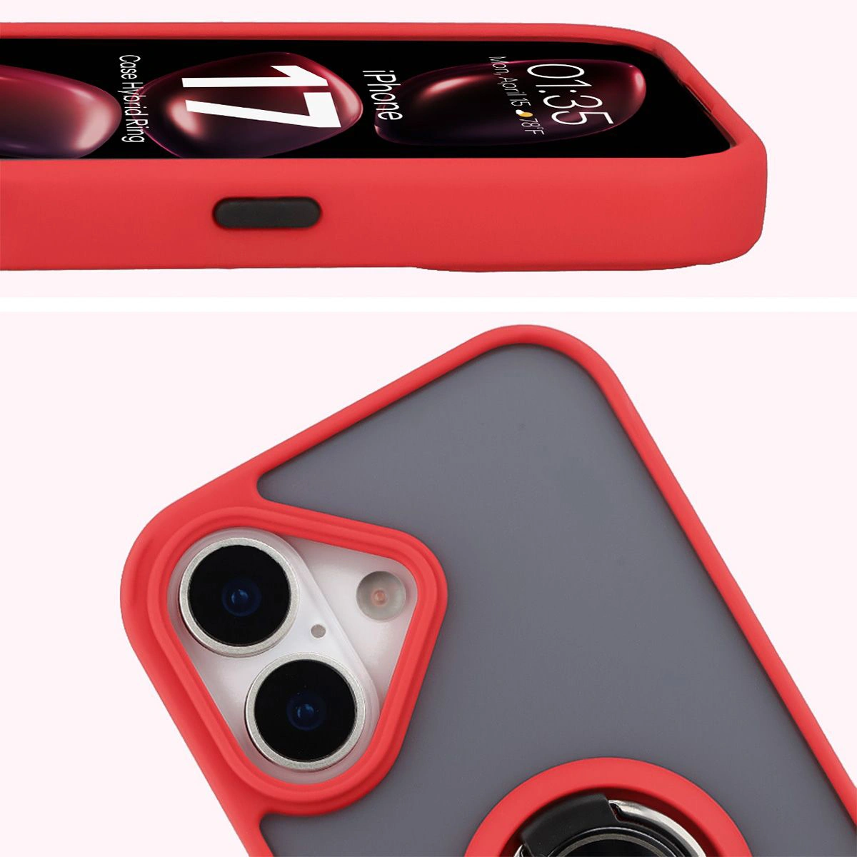 Close-up of raised edges around the display and camera island in the Bison Hybrid Ring case for Apple iPhone 17