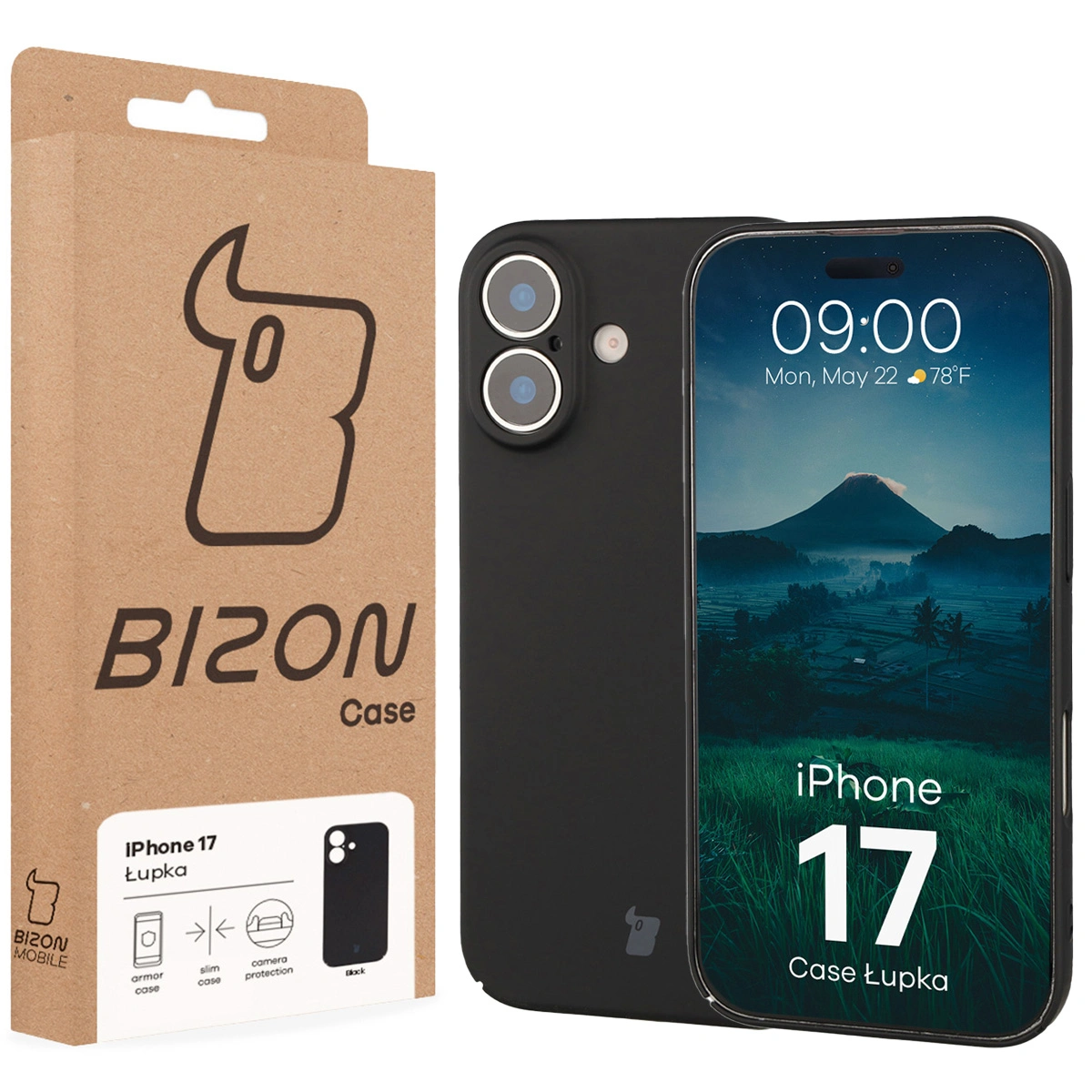Fața cutiei Bizon Case cu eticheta dedicată pentru Apple iPhone 17