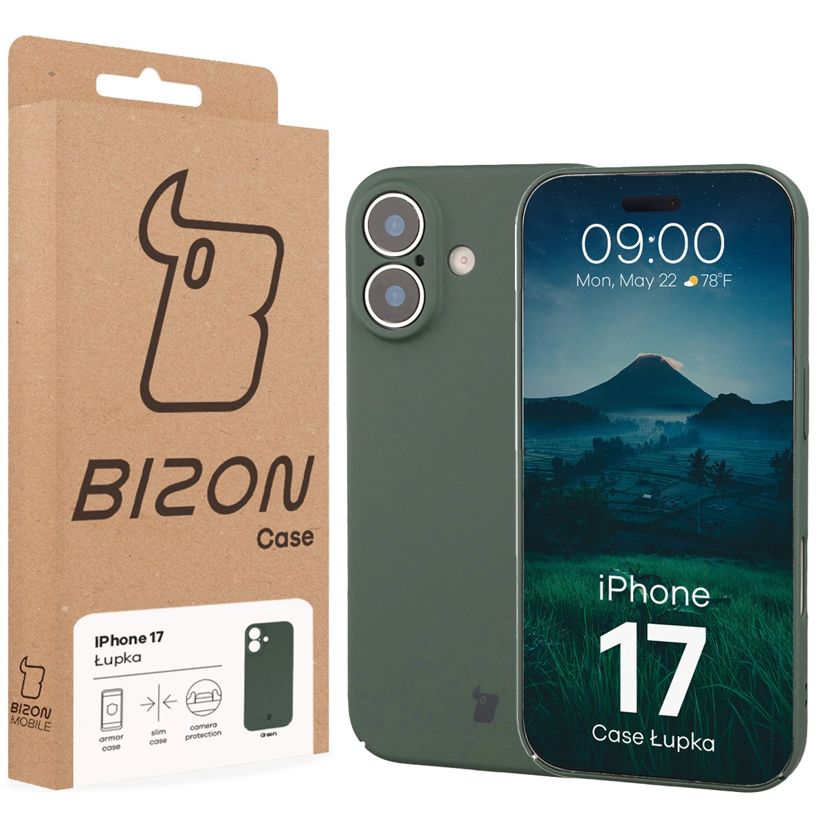Fața cutiei Bizon Case cu eticheta dedicată pentru Apple iPhone 17