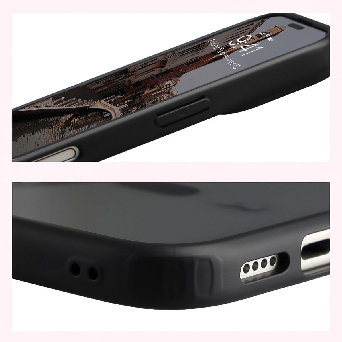 Reinforced corners and raised edges of the screen in the Bizon Case MatteO for Apple iPhone 17