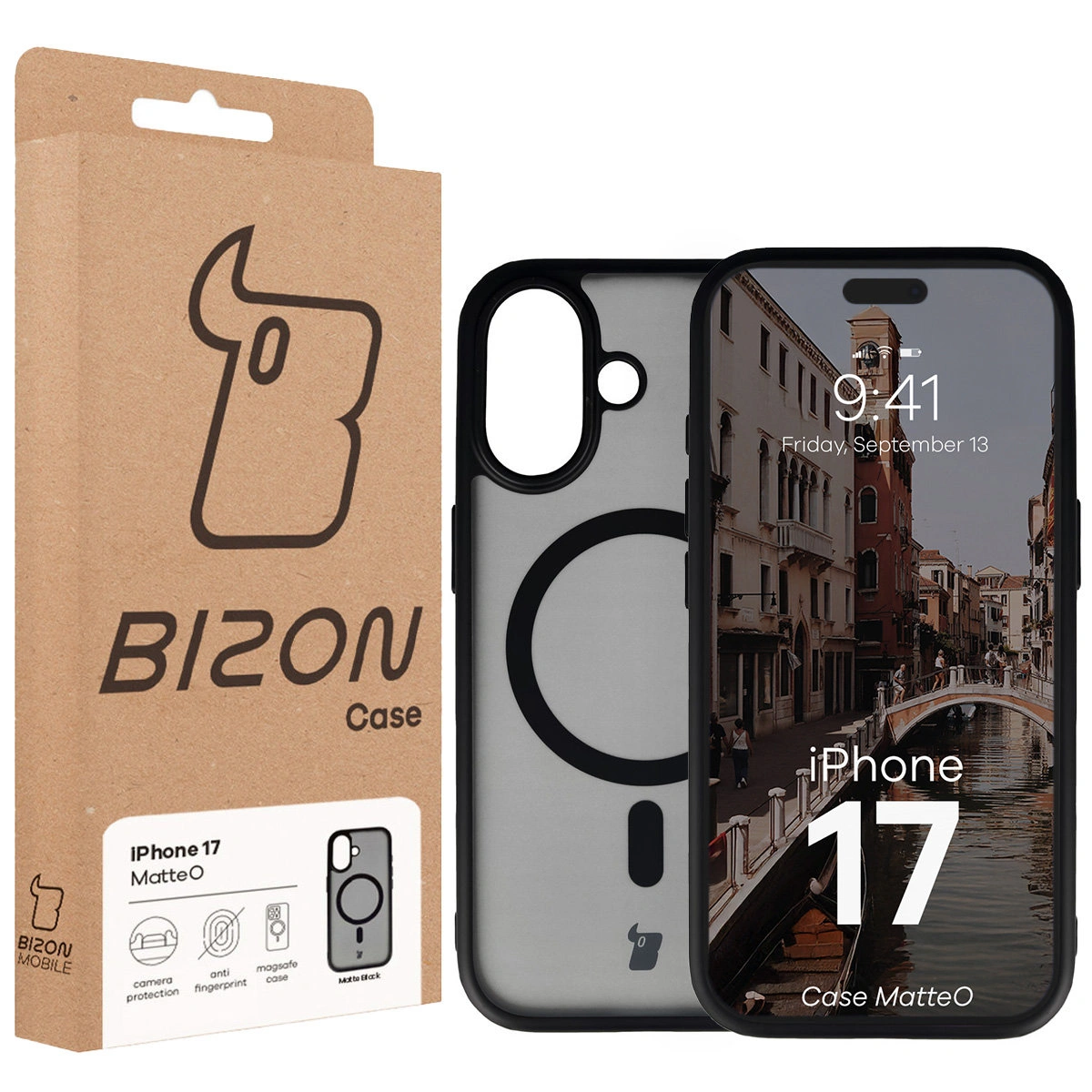 Front of the Bizon Case box with a dedicated label for Apple iPhone 17