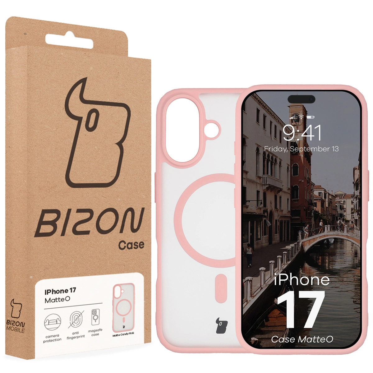 Przód pudełka Bizon Case z dedykowaną etykietą do Apple iPhone 17