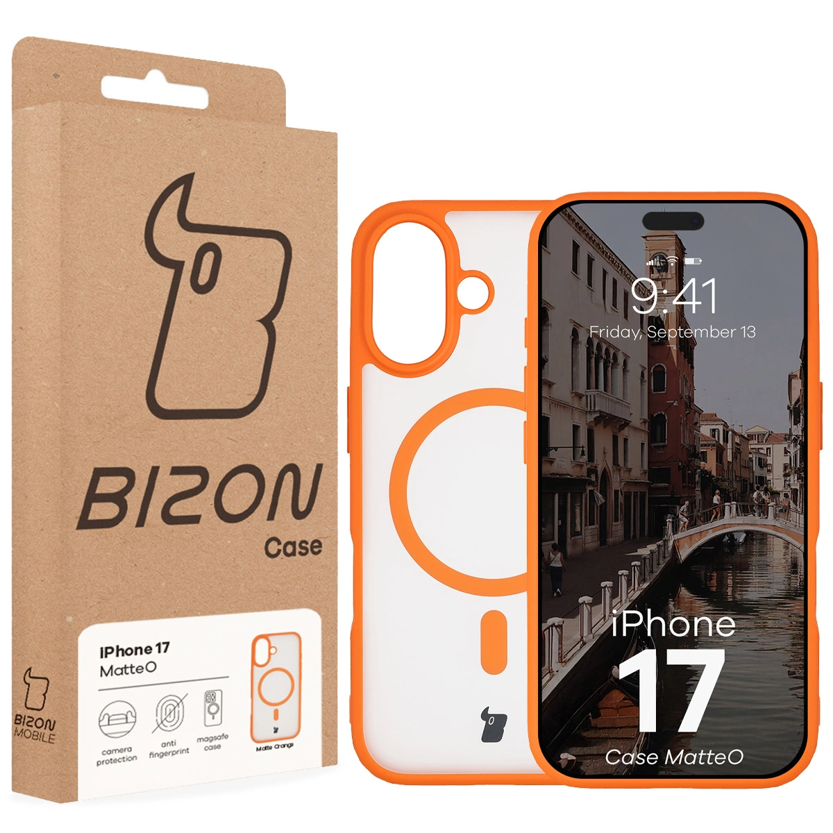 Przód pudełka Bizon Case z dedykowaną etykietą do Apple iPhone 17