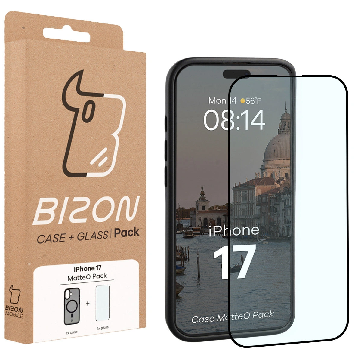 Przód pudełka Bizon Case Matteo Pack z dedykowaną etykietą do Apple iPhone 17