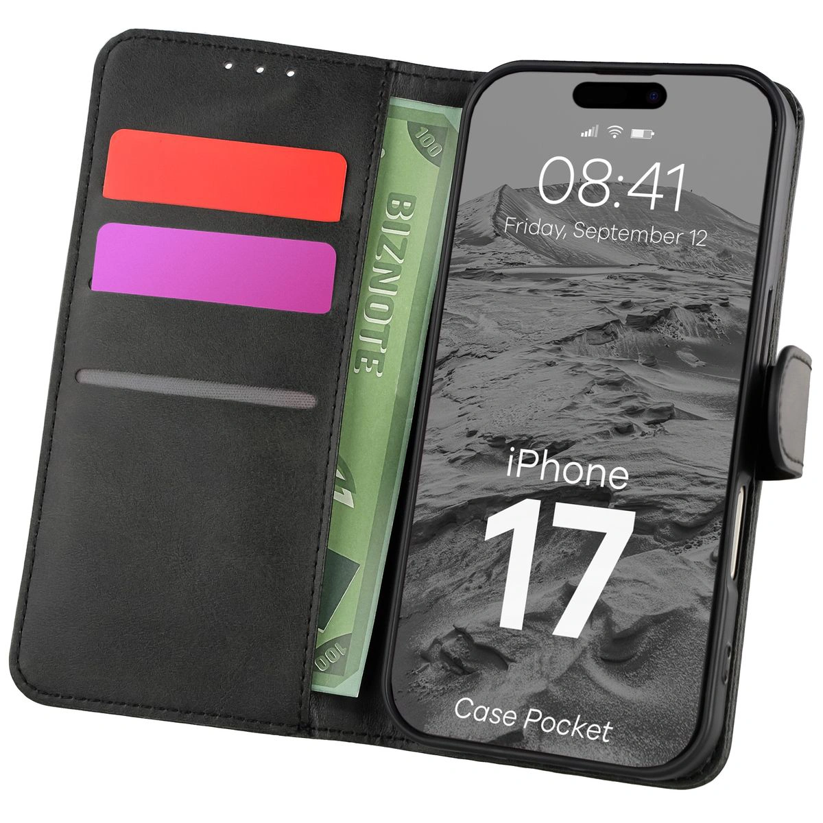 Etui cu clapetă cu loc pentru carduri Bizon Case Pocket pentru Apple iPhone 17