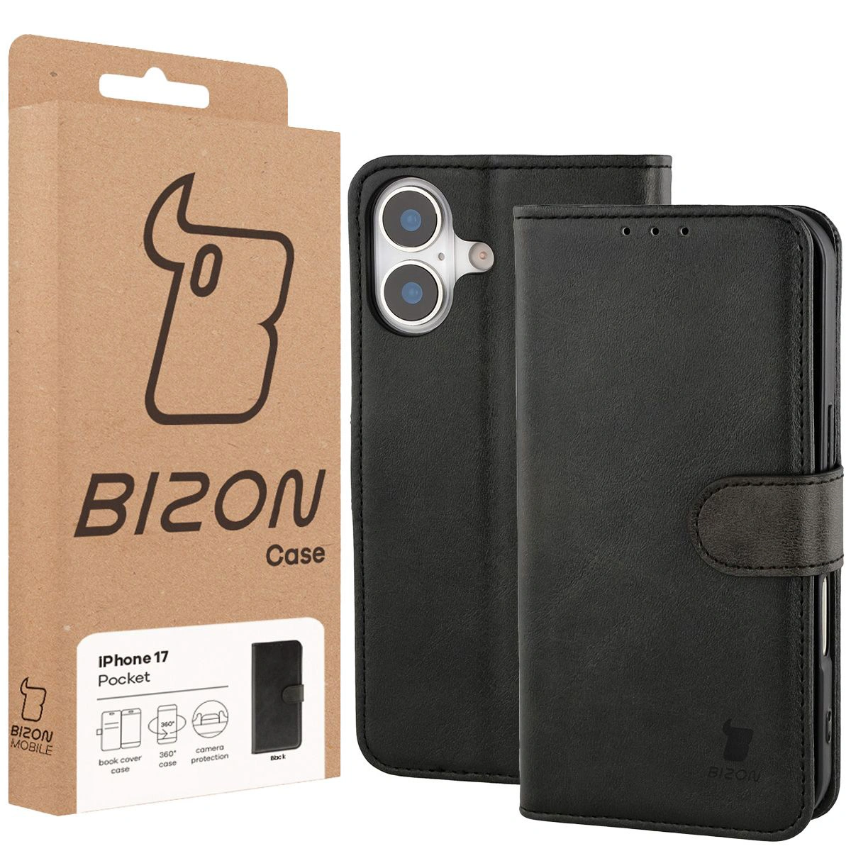 Fața cutiei Bizon Case cu etichetă dedicată pentru Apple iPhone 17