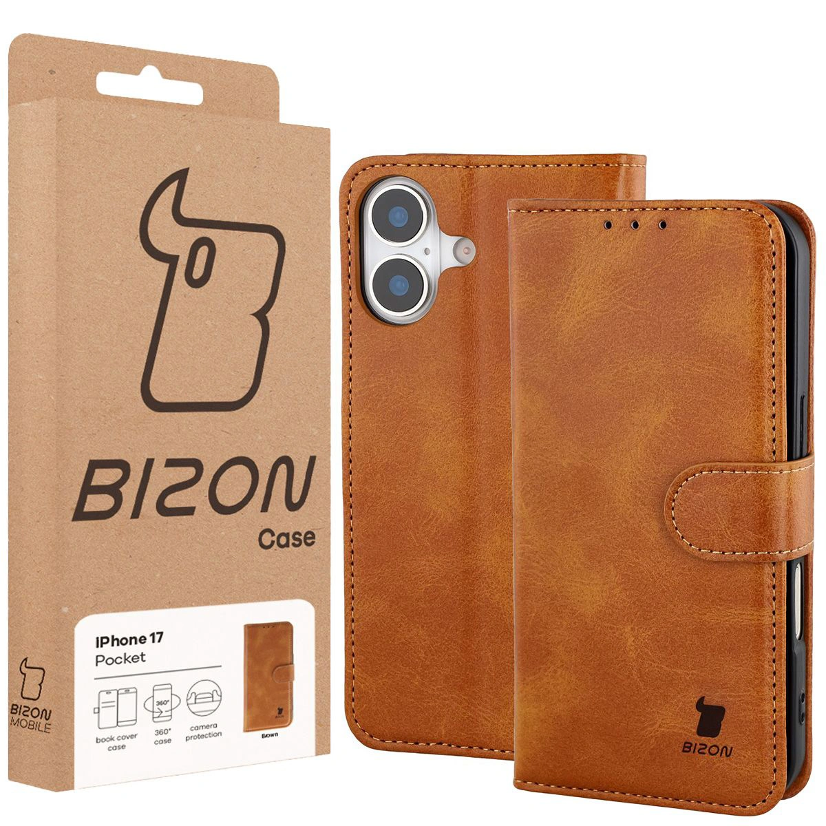Fața cutiei Bizon Case cu etichetă dedicată pentru Apple iPhone 17