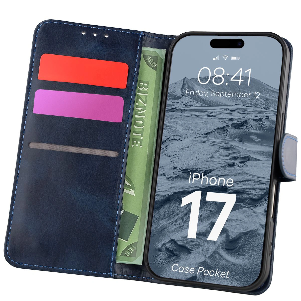 Etui cu clapetă și loc pentru carduri Bizon Case Pocket pentru Apple iPhone 17