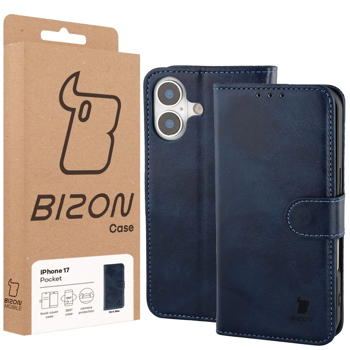 Frontală a cutiei Bizon Case cu etichetă dedicată pentru Apple iPhone 17