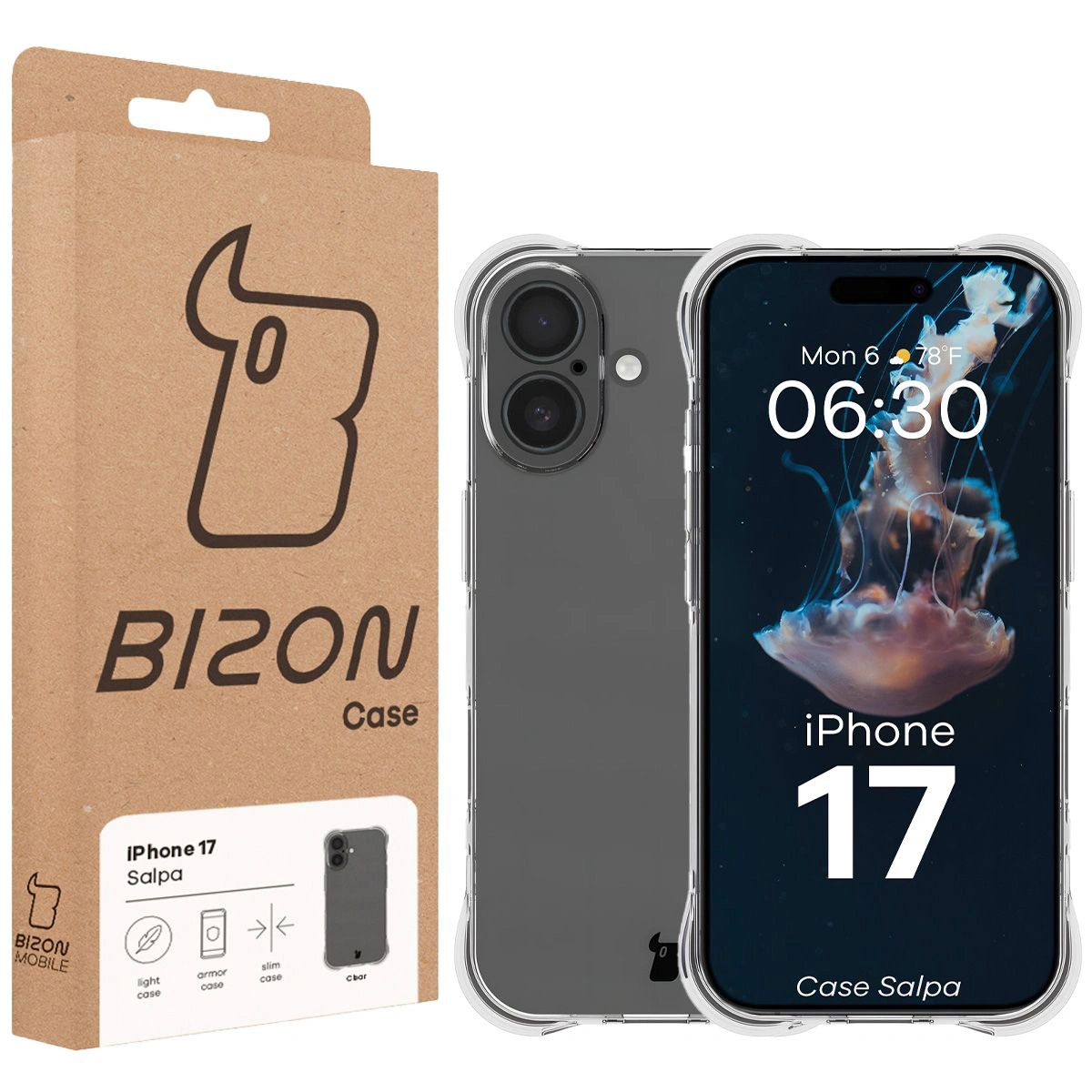 Front of the Bizon Case box with a dedicated label for Apple iPhone 17