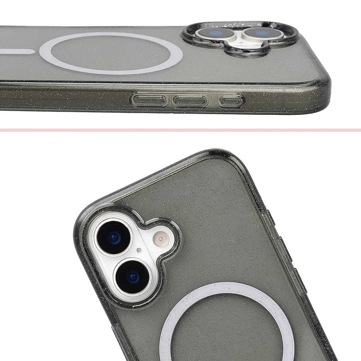 Podwyższone krawędzie aparatu i duże wycięcie w etui Bizon Case SparklO do Apple iPhone 17