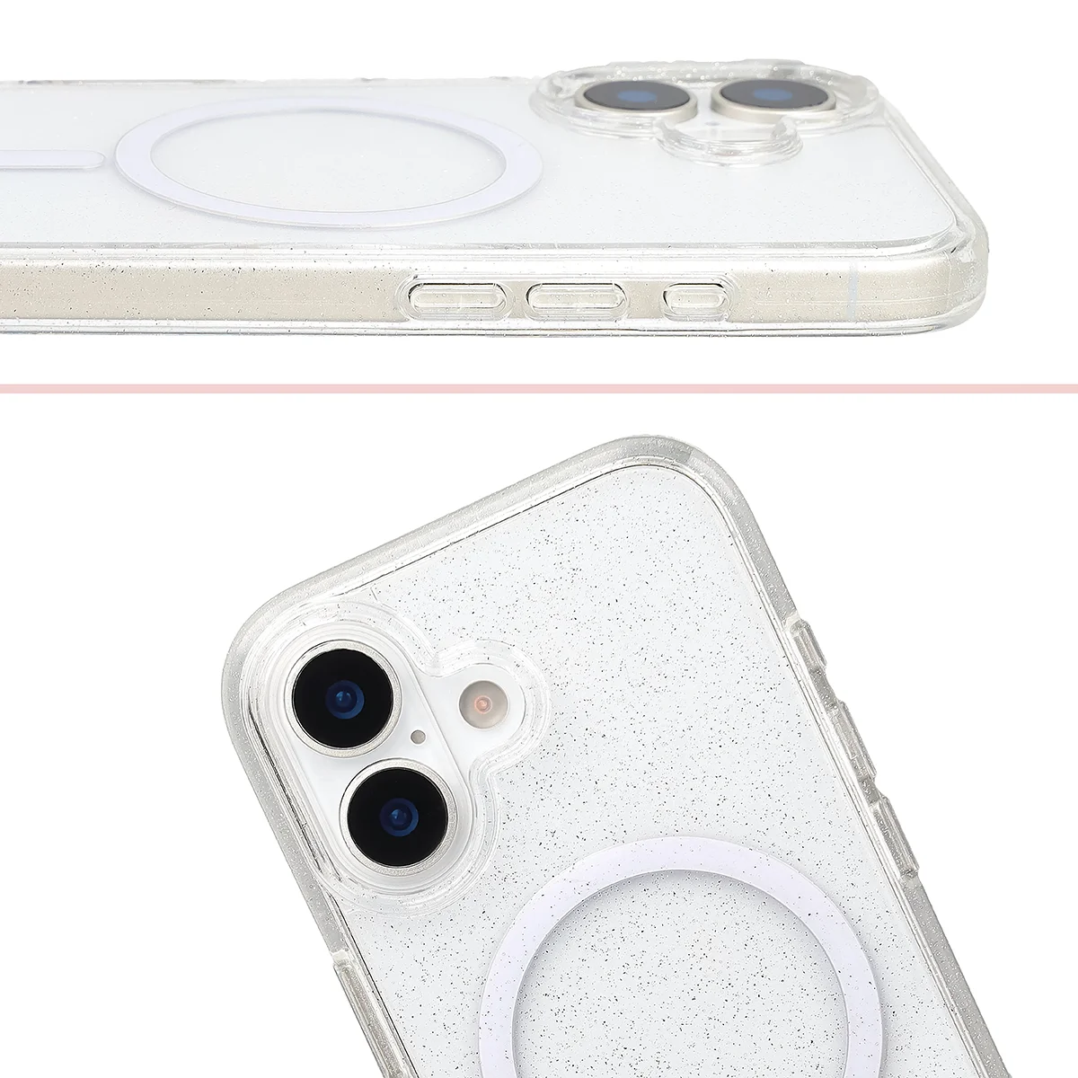 Podwyższone krawędzie aparatu i duże wycięcie w etui Bizon Case SparklO do Apple iPhone 17