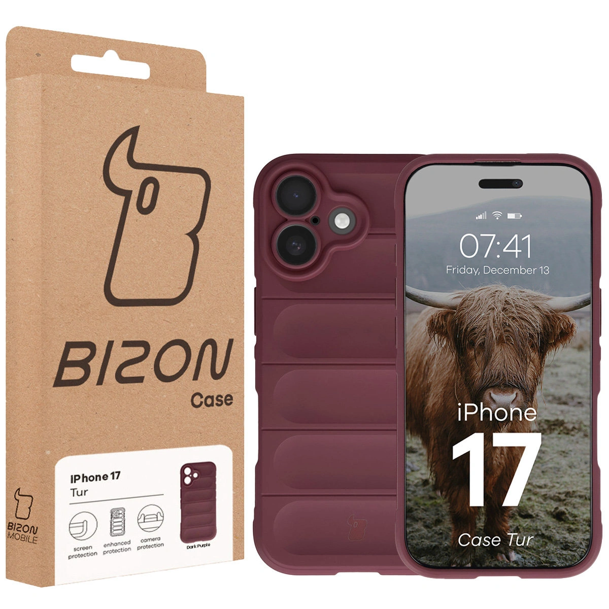 Przód pudełka Bizon Case z dedykowaną etykietą do Apple iPhone 17