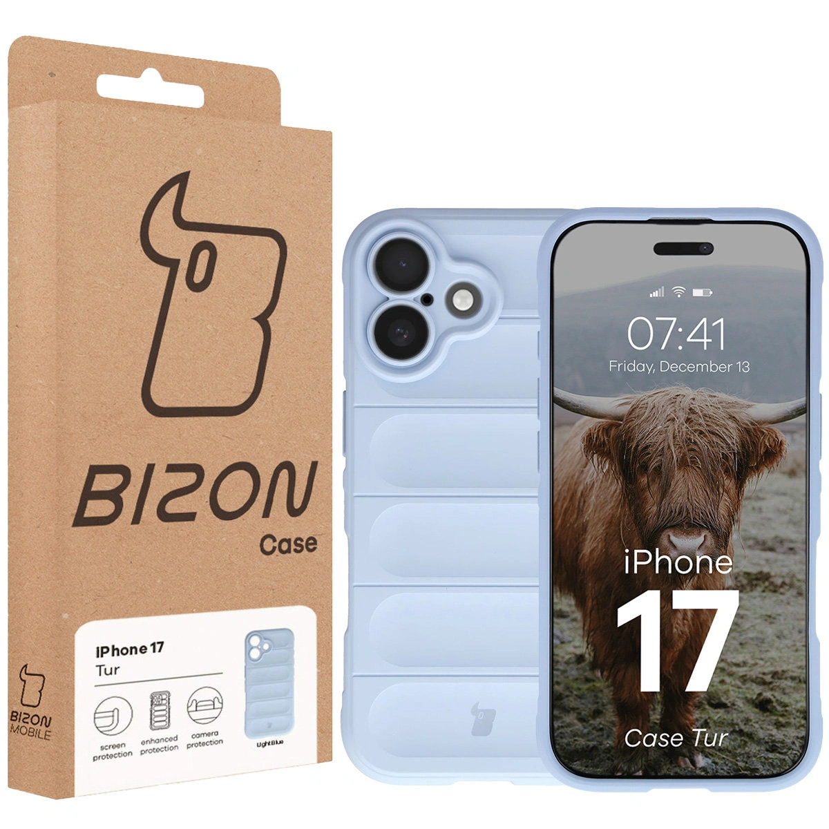 Przód pudełka Bizon Case z dedykowaną etykietą do Apple iPhone 17