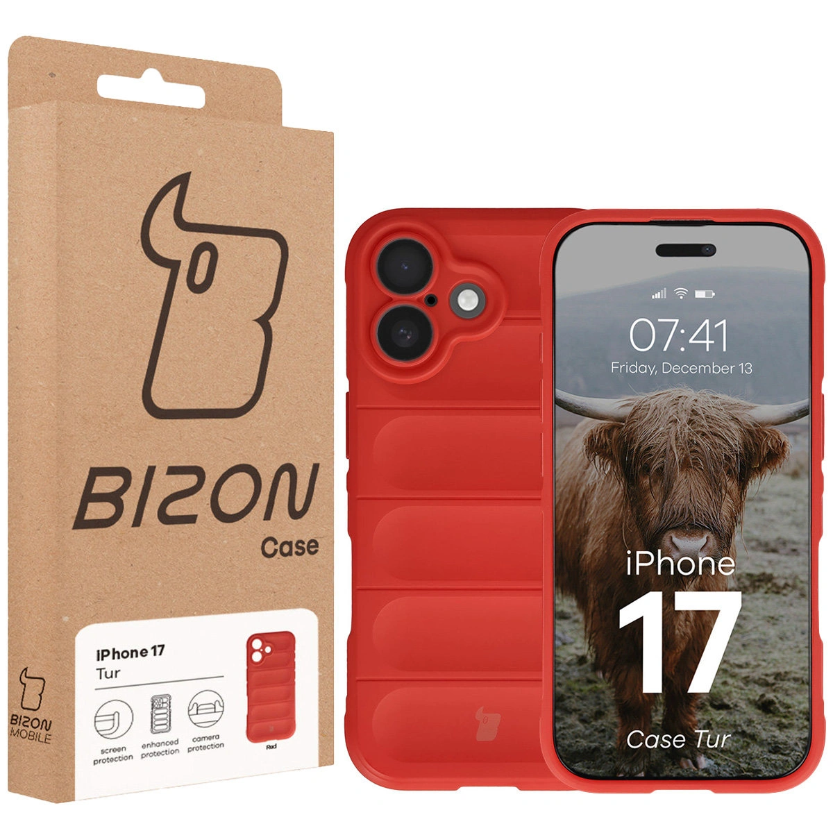Front of the Bison Case box with a dedicated label for Apple iPhone 17