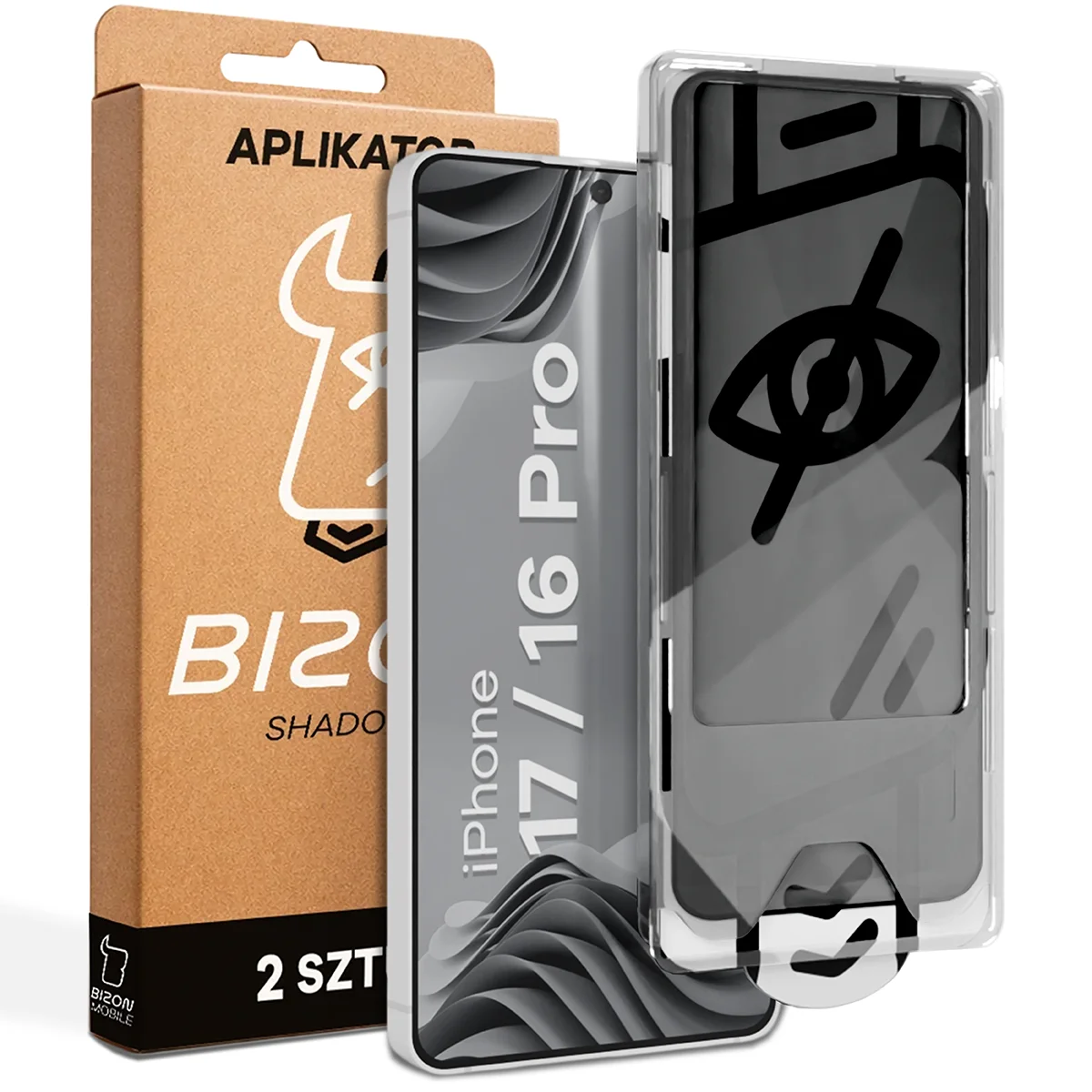 Szkło prywatyzujące z aplikatorem Bizon Glass Aplikator Shadow dla Apple iPhone 16 Pro / Apple iPhone 17