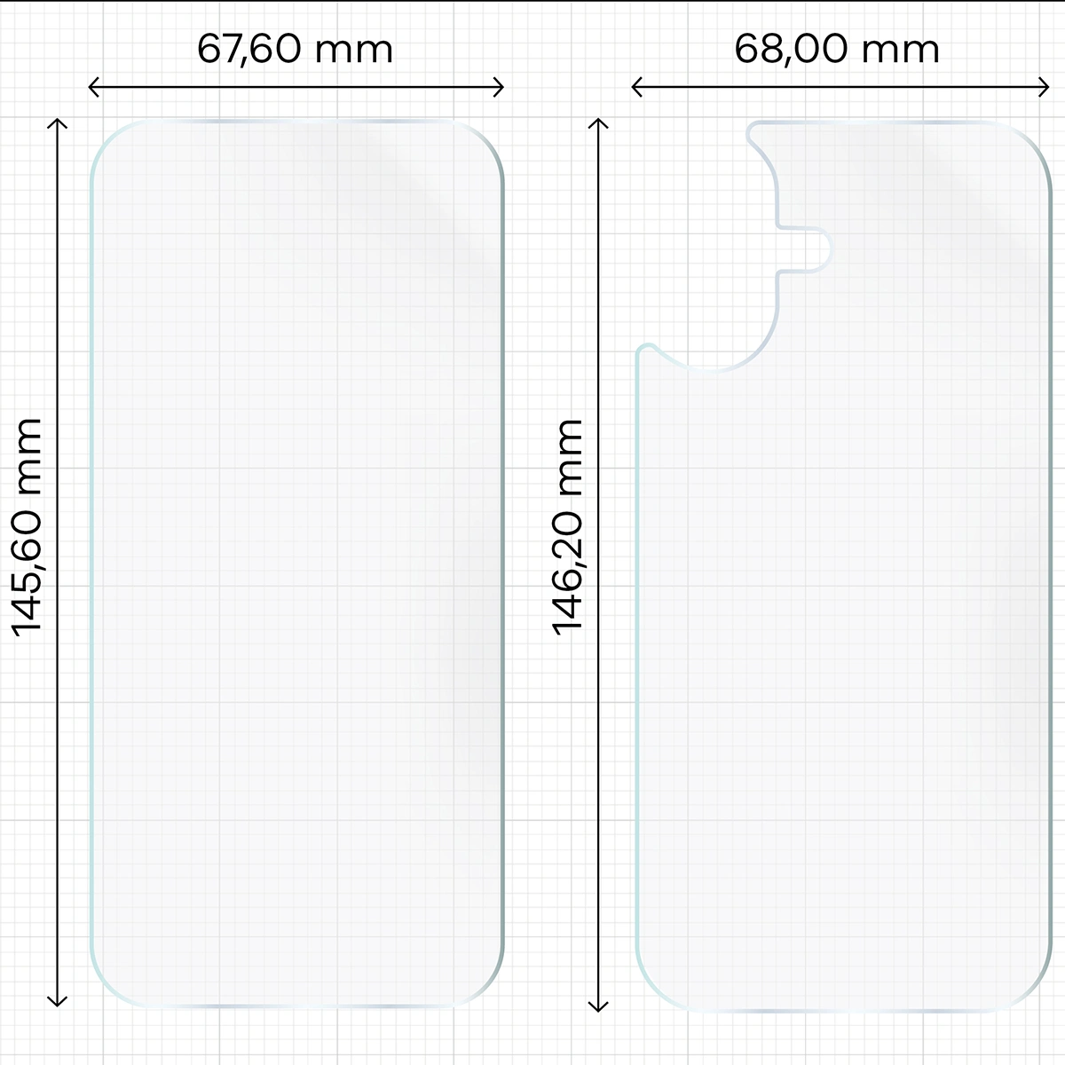 Wymiary dla folii hydrożelowej na plecki, mniejszy oraz większy wyświetlacz telefonu Bizon Glass Hydrogel Pack do Apple iPhone 17