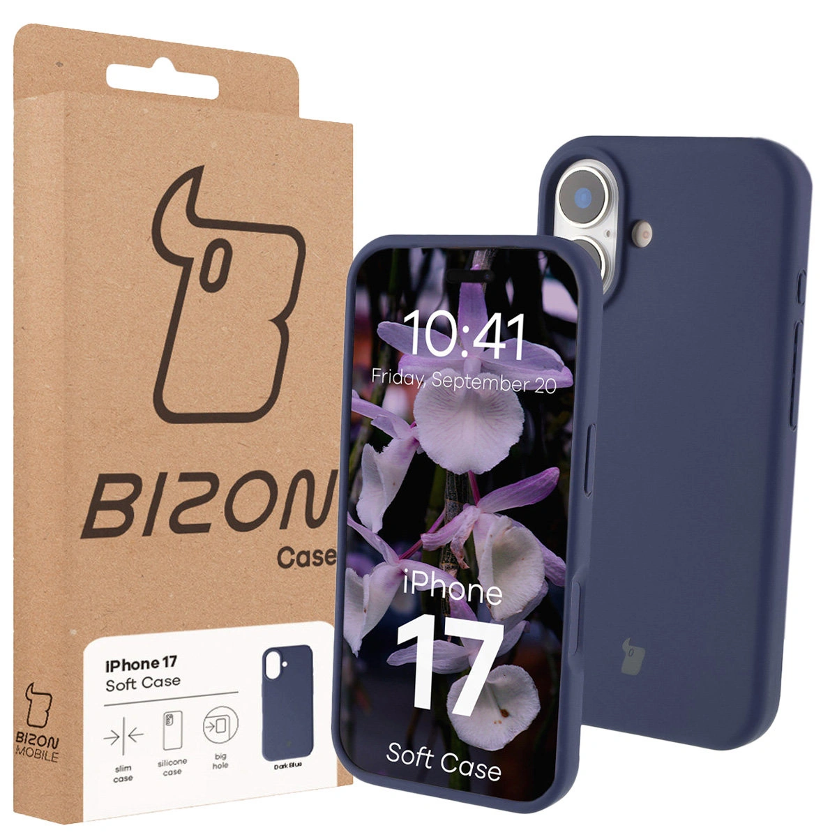 Przód pudełka Bizon Case z dedykowaną etykietą do Apple iPhone 17