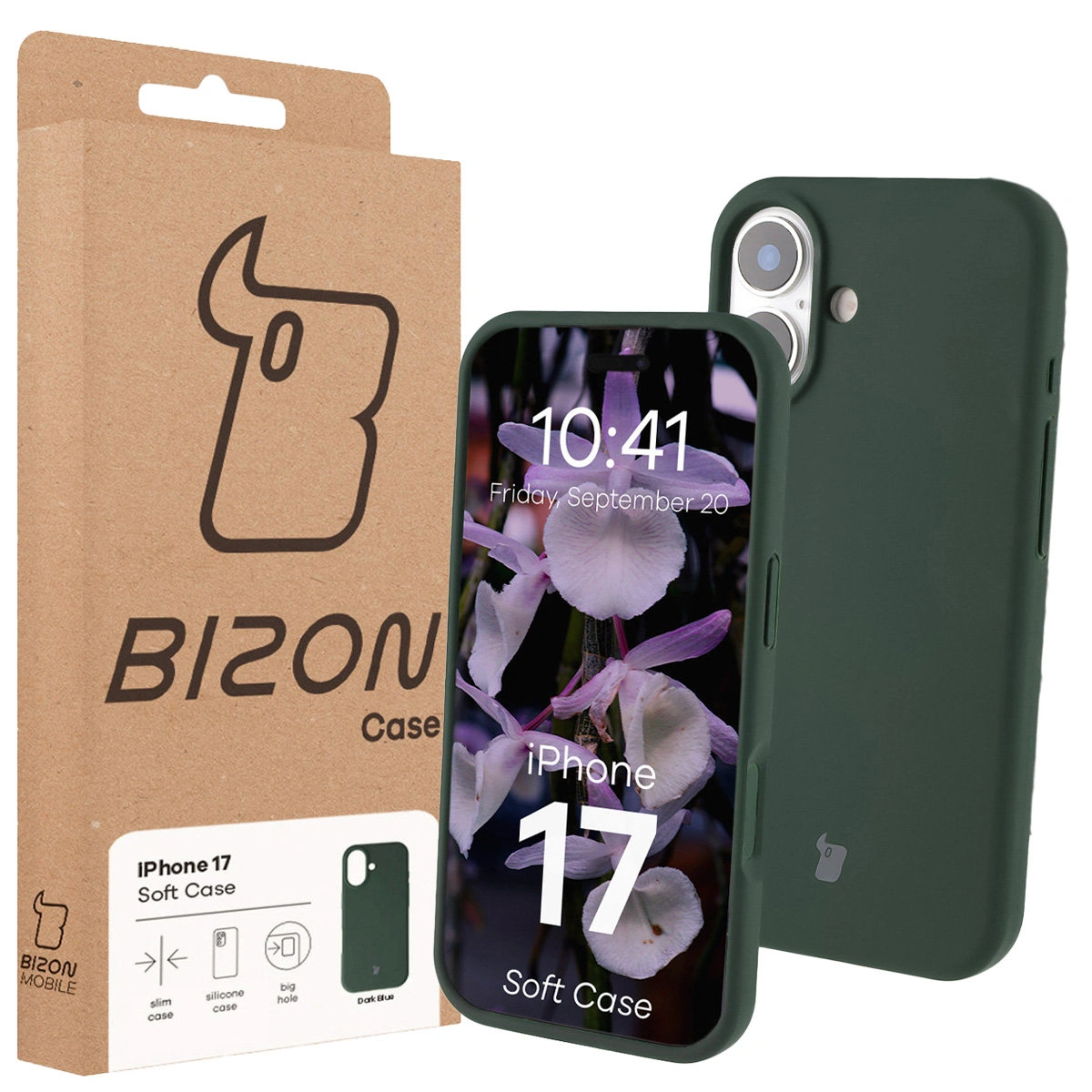 Przód pudełka Bizon Case z dedykowaną etykietą do Apple iPhone 17
