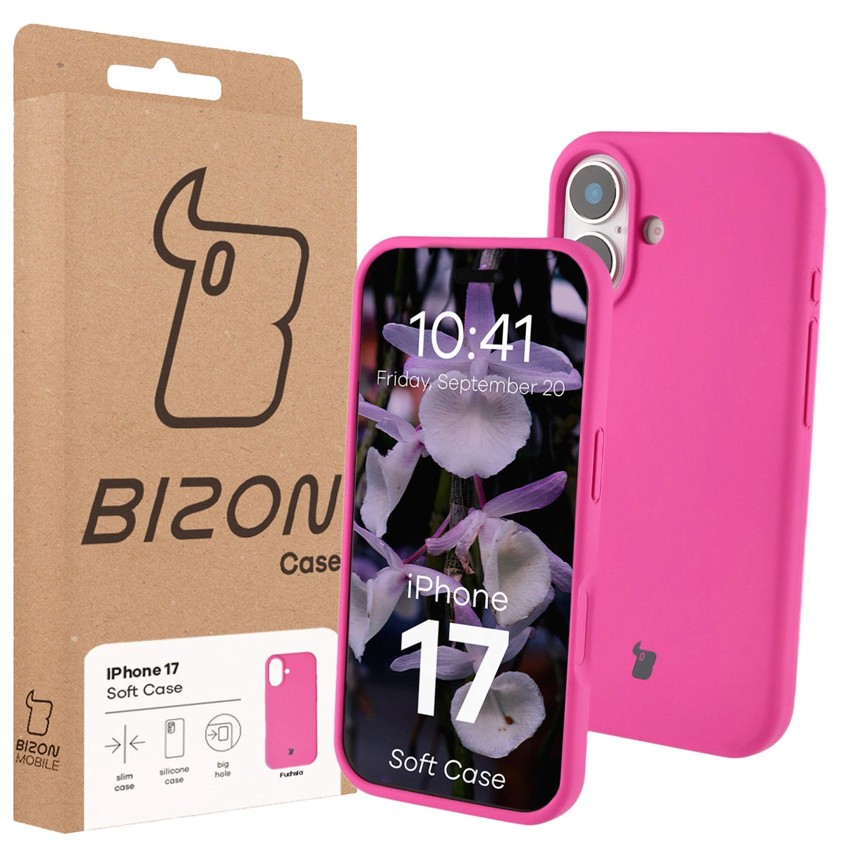 Przód pudełka Bizon Case z dedykowaną etykietą do Apple iPhone 17