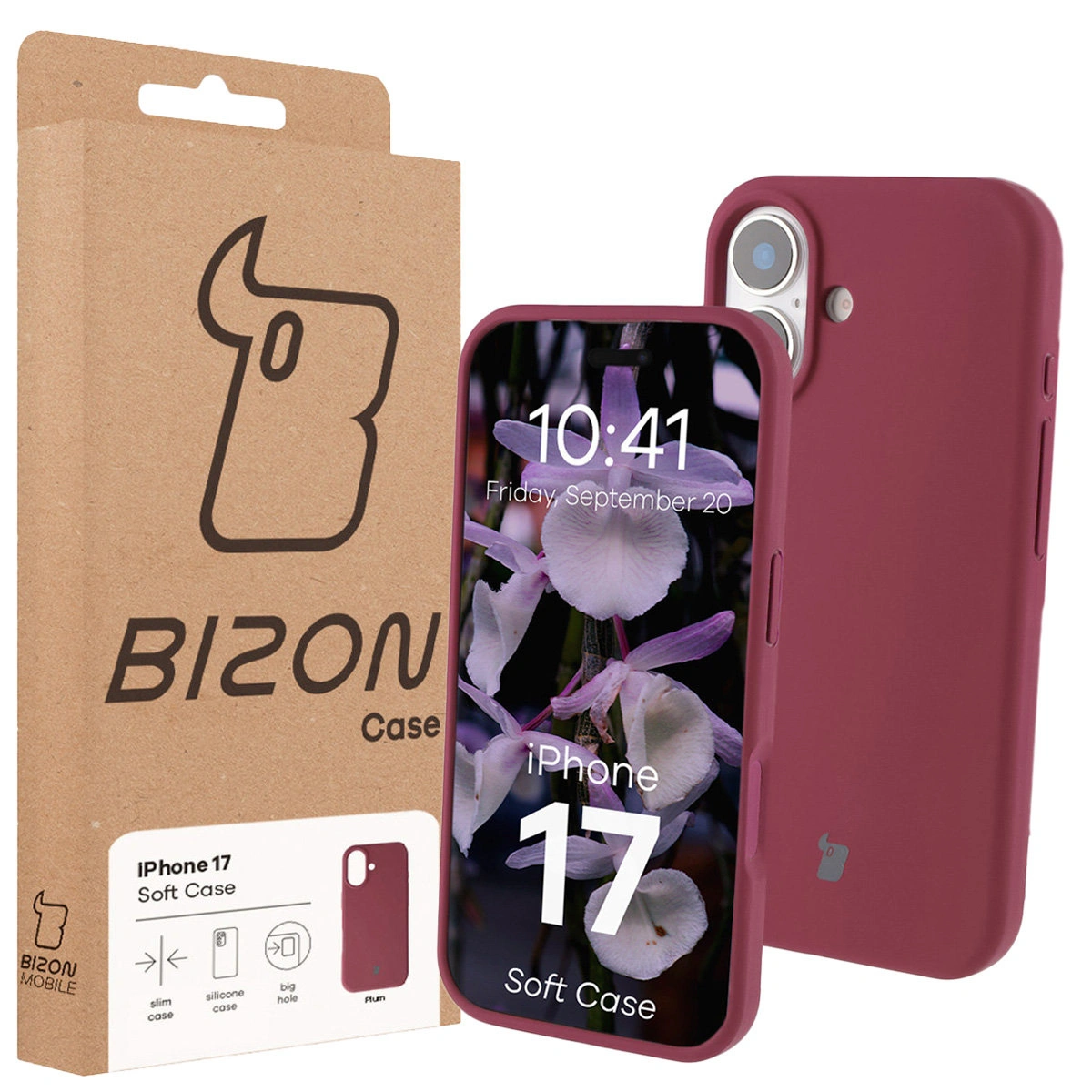 Przód pudełka Bizon Case z dedykowaną etykietą do Apple iPhone 17