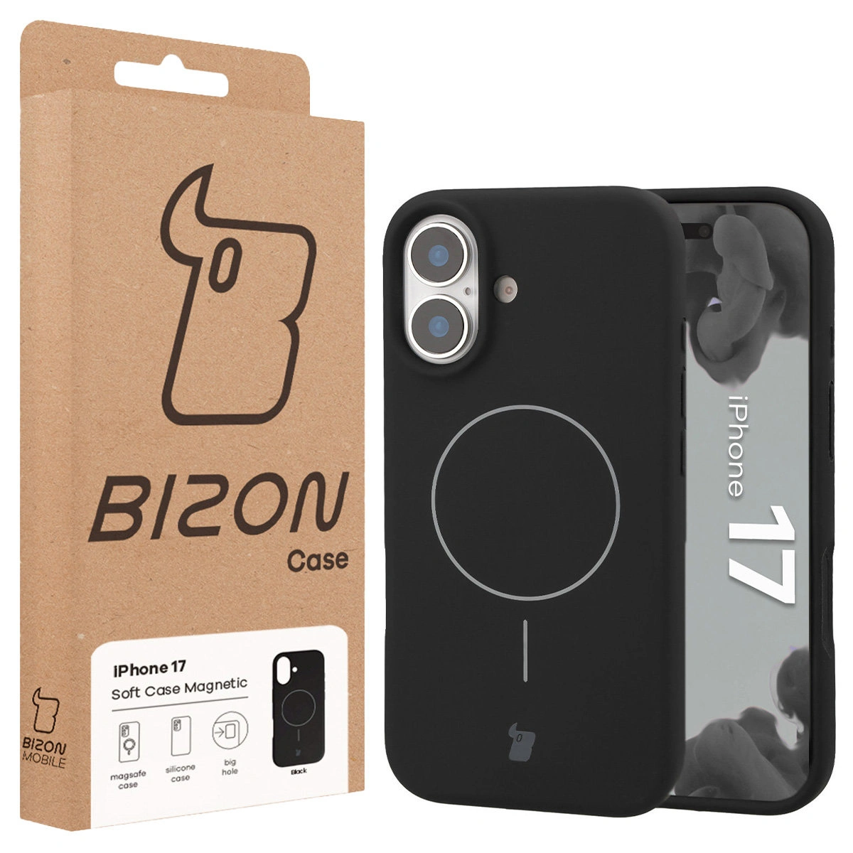 Przód pudełka Bizon Case z dedykowaną etykietą do Apple iPhone 17