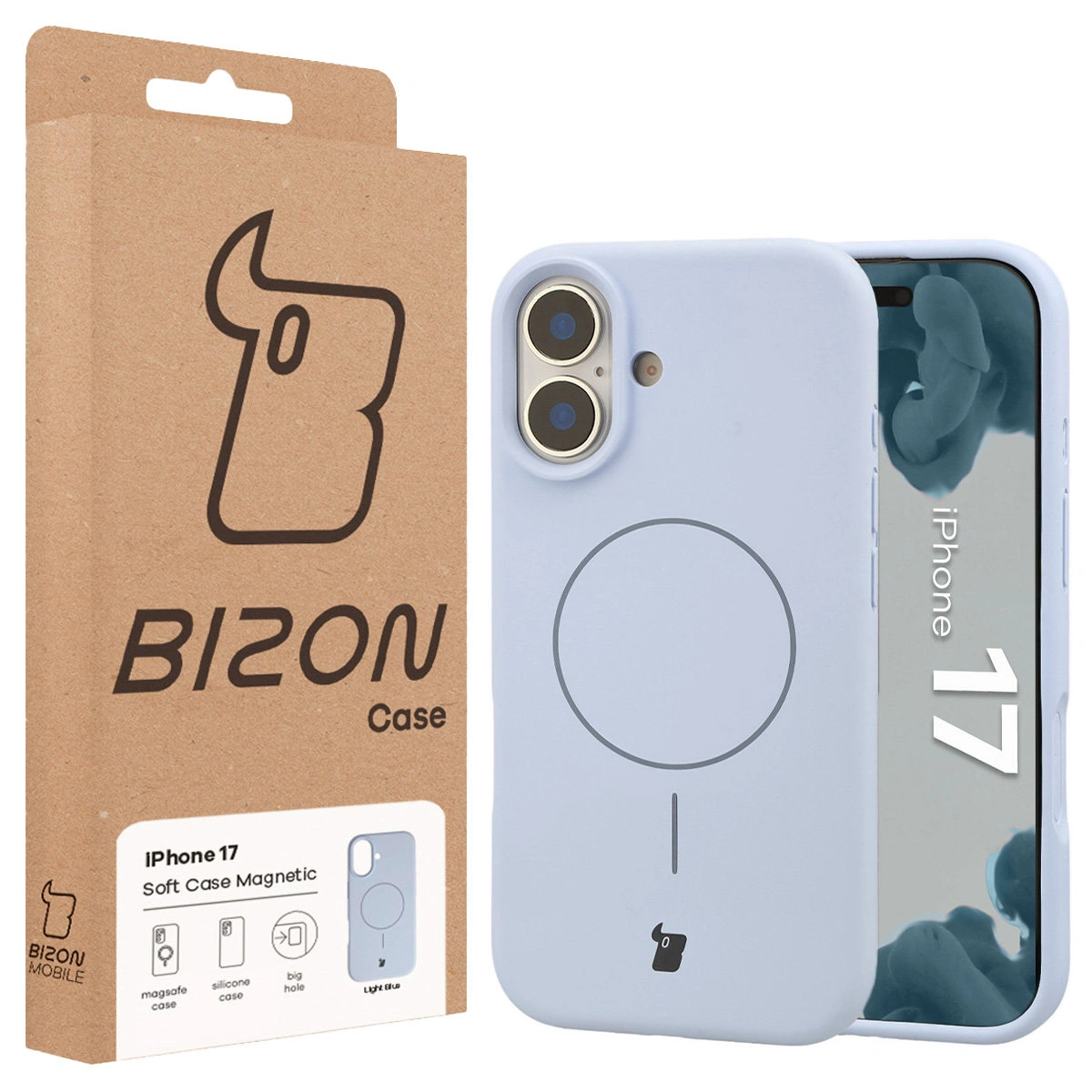 Przód pudełka Bizon Case z dedykowaną etykietą do Apple iPhone 17