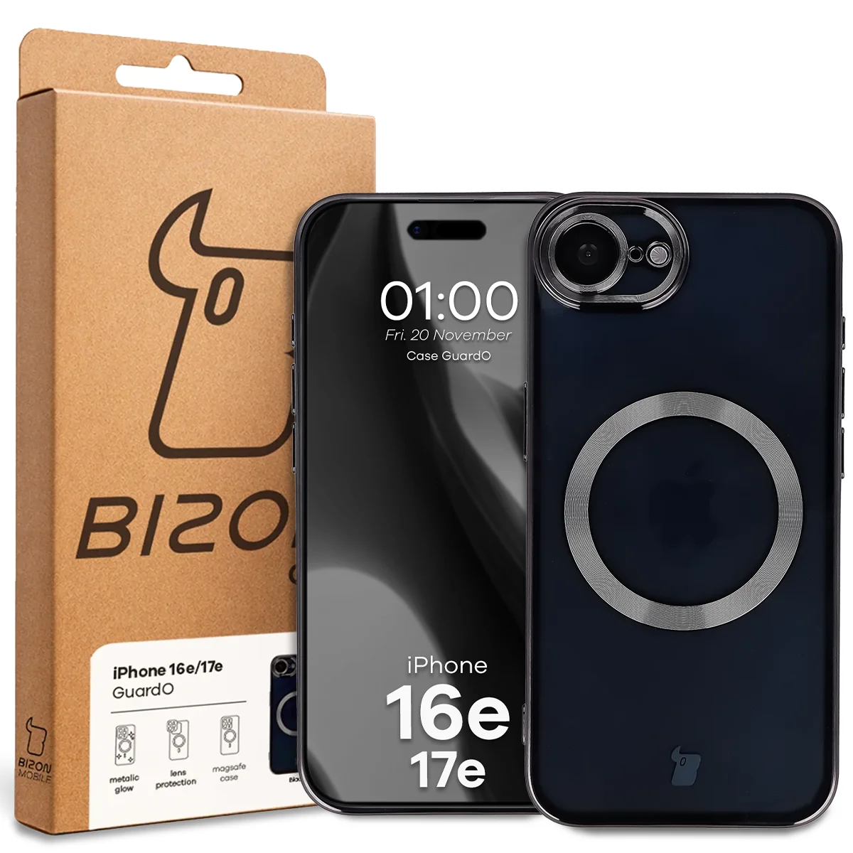 Przód pudełka Bizon Case z dedykowaną etykietą do Apple iPhone 17e /  Apple iPhone 16e