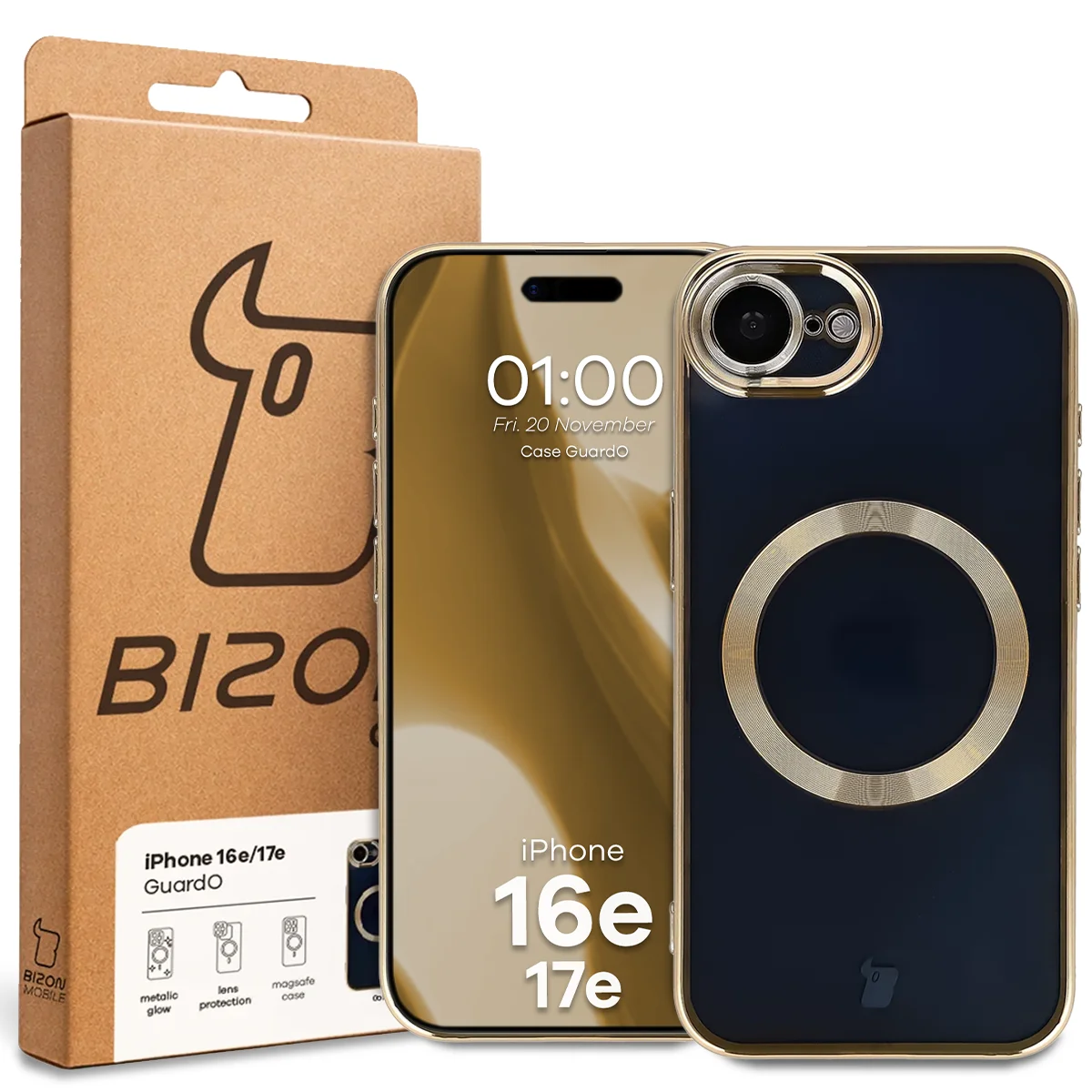 Przód pudełka Bizon Case z dedykowaną etykietą do Apple iPhone 17e /  Apple iPhone 16e