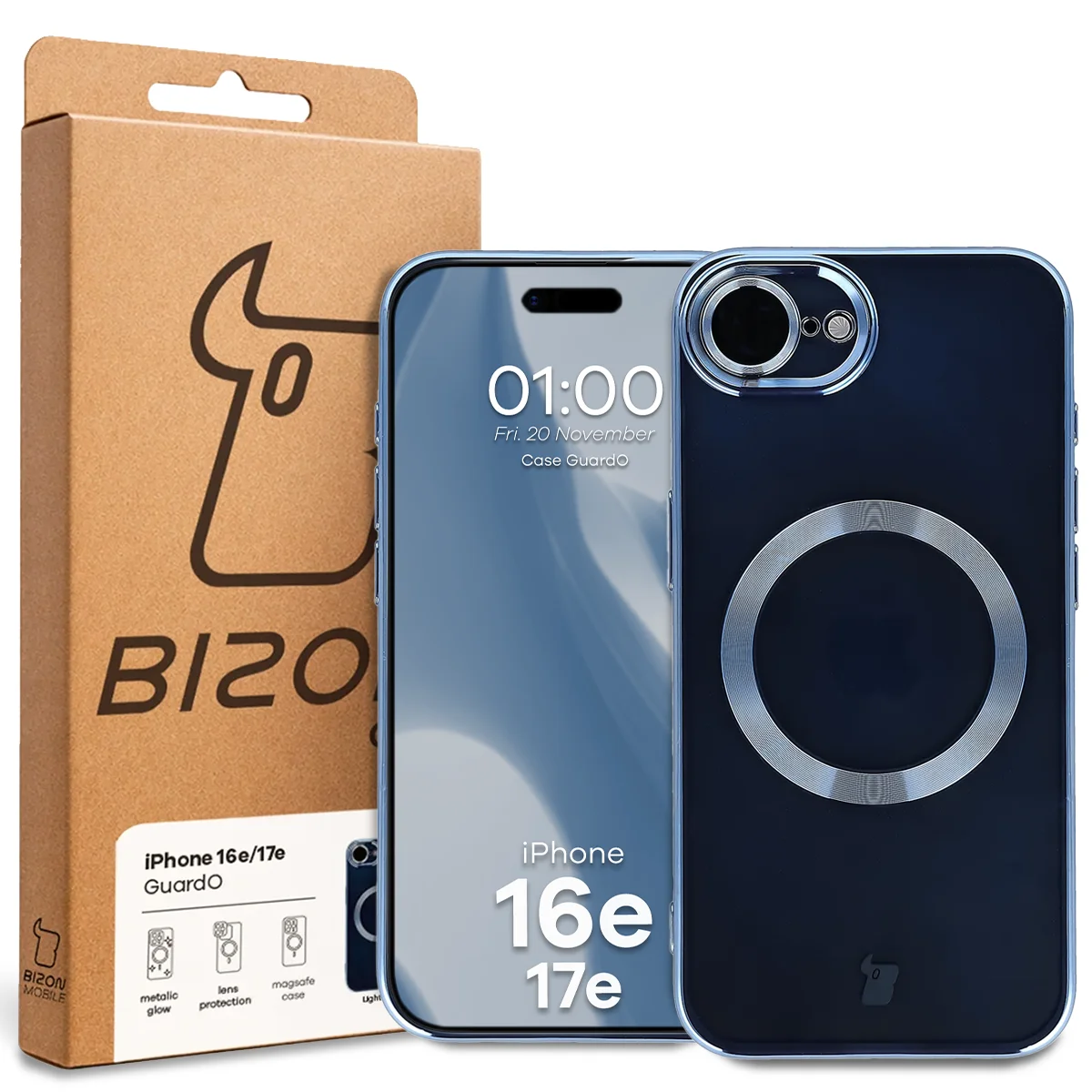 Przód pudełka Bizon Case z dedykowaną etykietą do Apple iPhone 17e /  Apple iPhone 16e