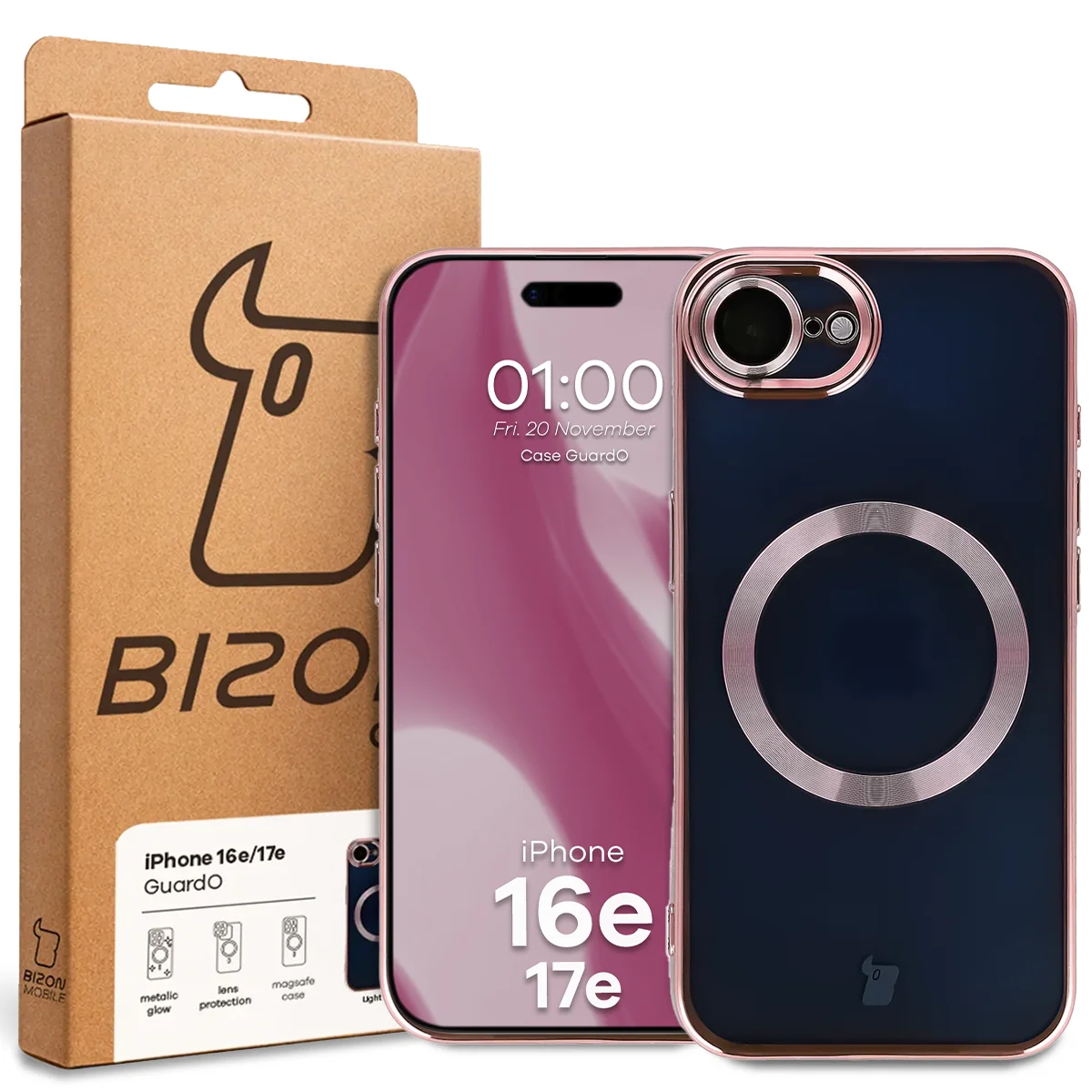 Przód pudełka Bizon Case z dedykowaną etykietą do Apple iPhone 17e /  Apple iPhone 16e