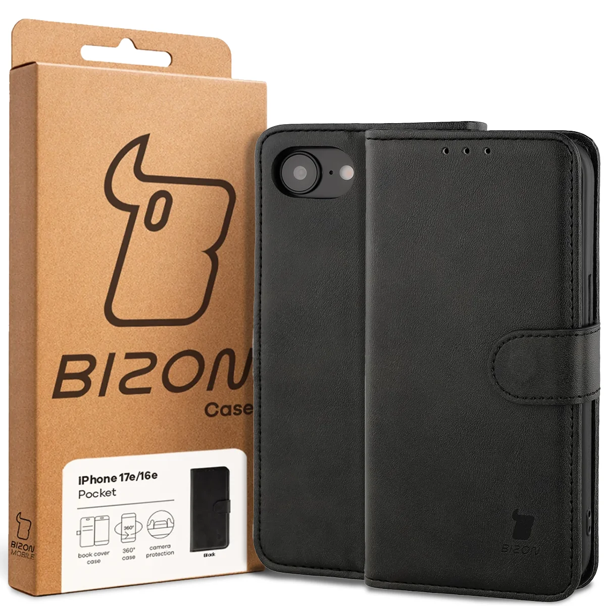 Przód pudełka Bizon Case z dedykowaną etykietą do Apple iPhone 17e /  Apple iPhone 16e