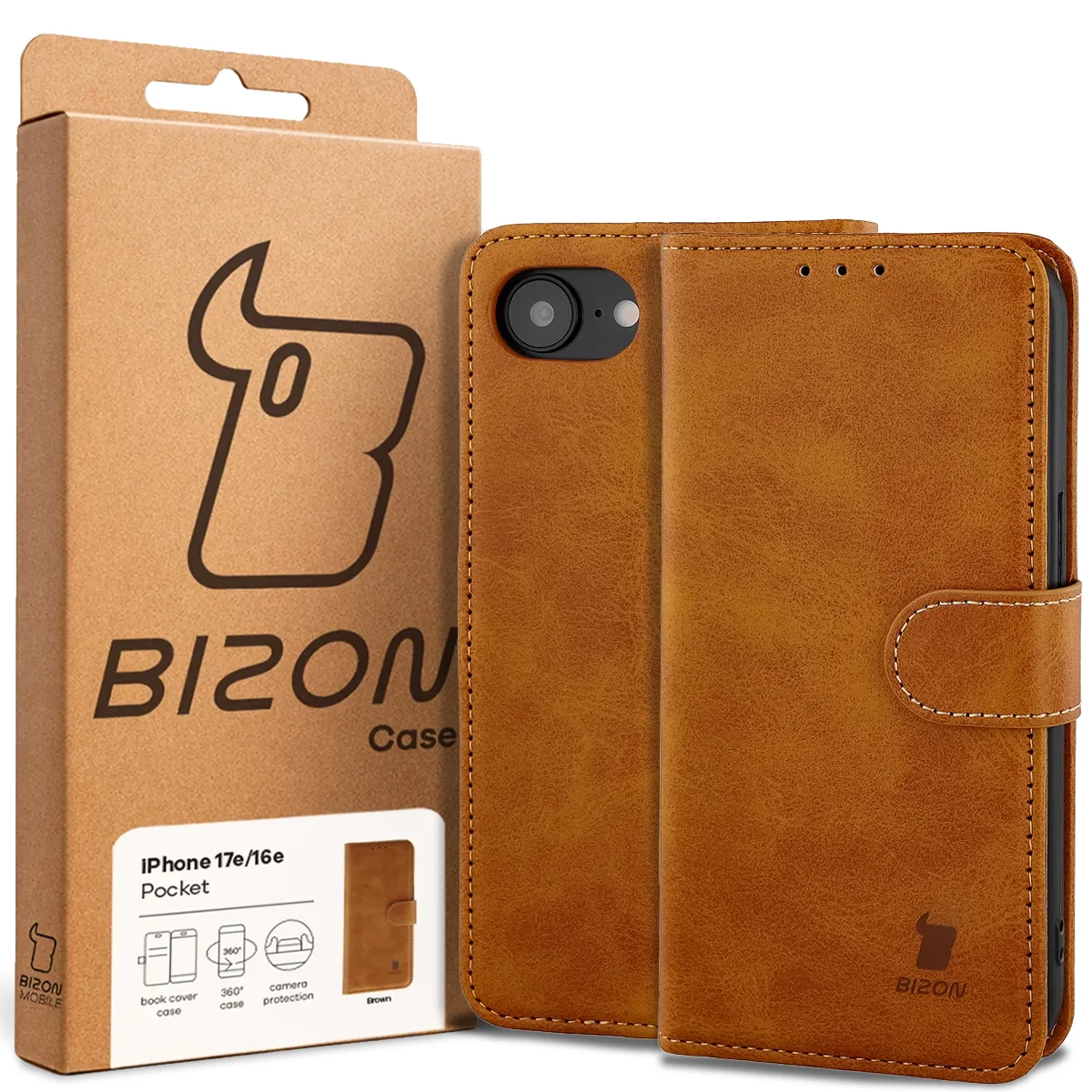 Przód pudełka Bizon Case z dedykowaną etykietą do Apple iPhone 17e / Apple iPhone 16e