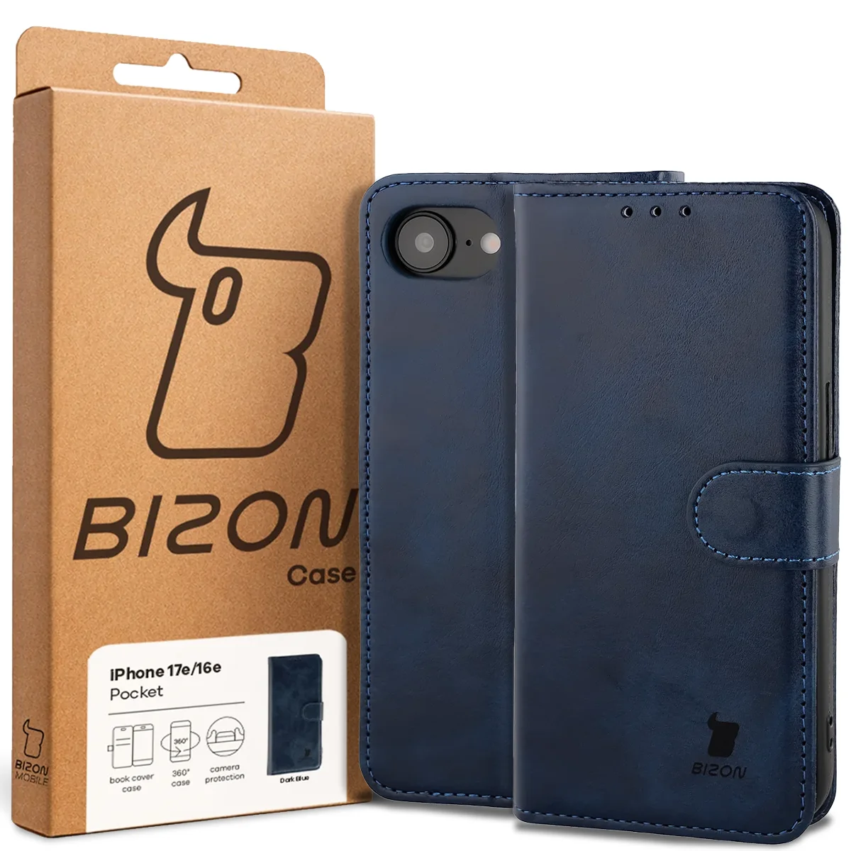 Przód pudełka Bizon Case z dedykowaną etykietą do Apple iPhone 17e / Apple iPhone 16e