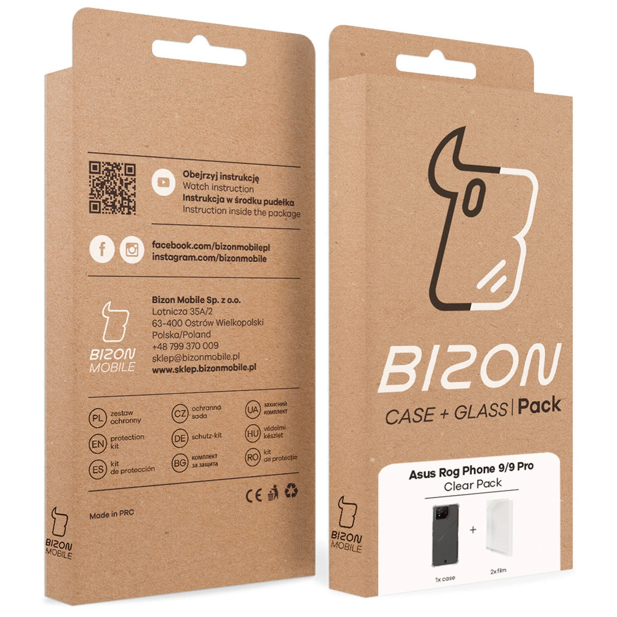 Kraftowe pudełko Bizon Case+Glass z dedykowaną etykietą do Asus ROG Phone 9 / Asus ROG Phone 9 Pro