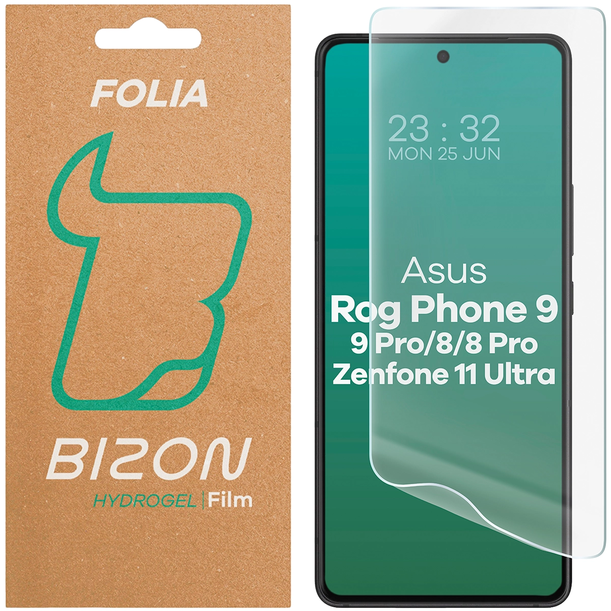 Pudełko i folia hydrożelowa na ekran Bizon Glass Hydrogel Front do Asus ROG Phone 9 / Asus ROG Phone 9 Pro / Asus ROG Phone 8 / Asus ROG Phone 8 Pro / Asus Zenfone 11 Ultra