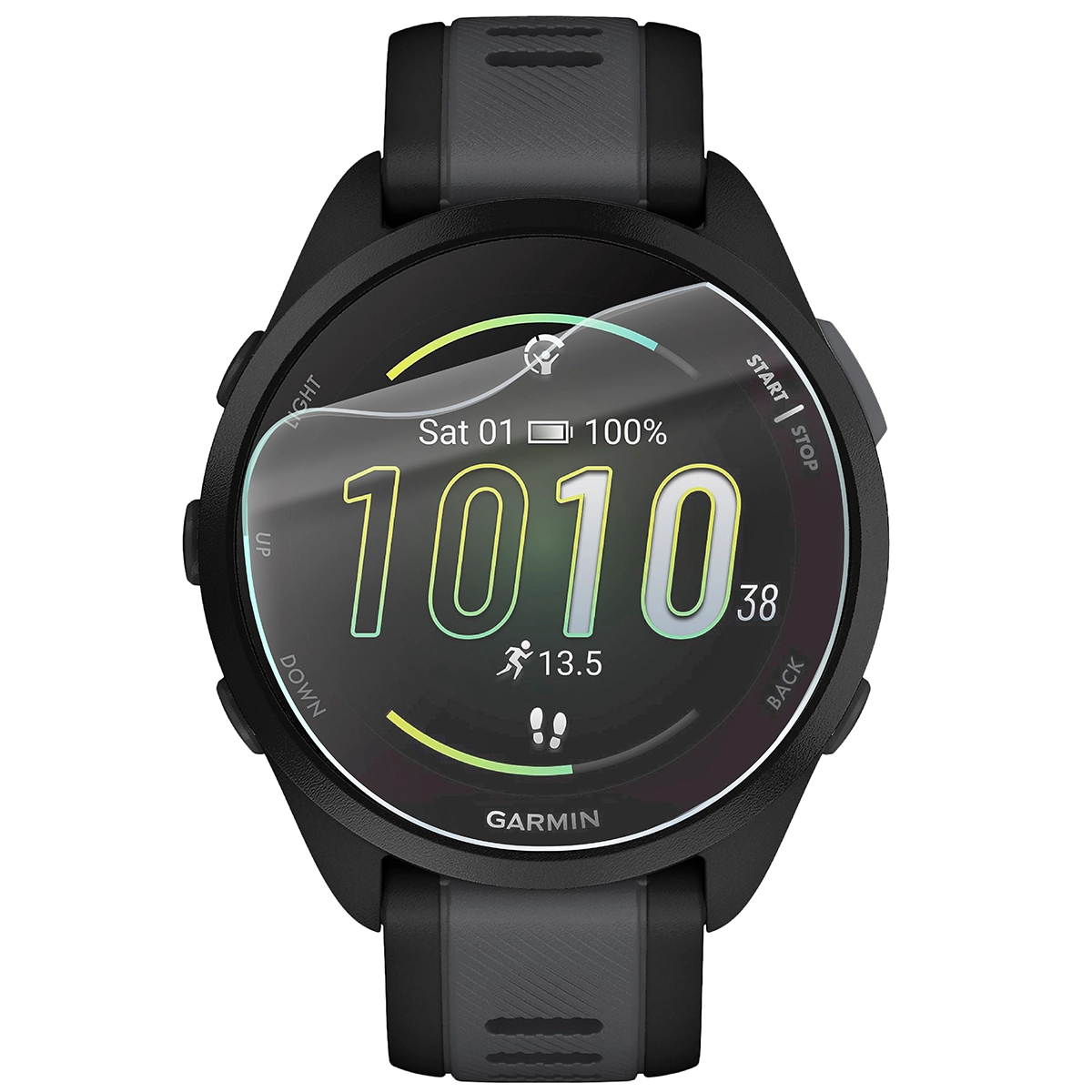 Bizon Watch Film HydroFlex hydrogel film for Garmin Forerunner 165 on the watch