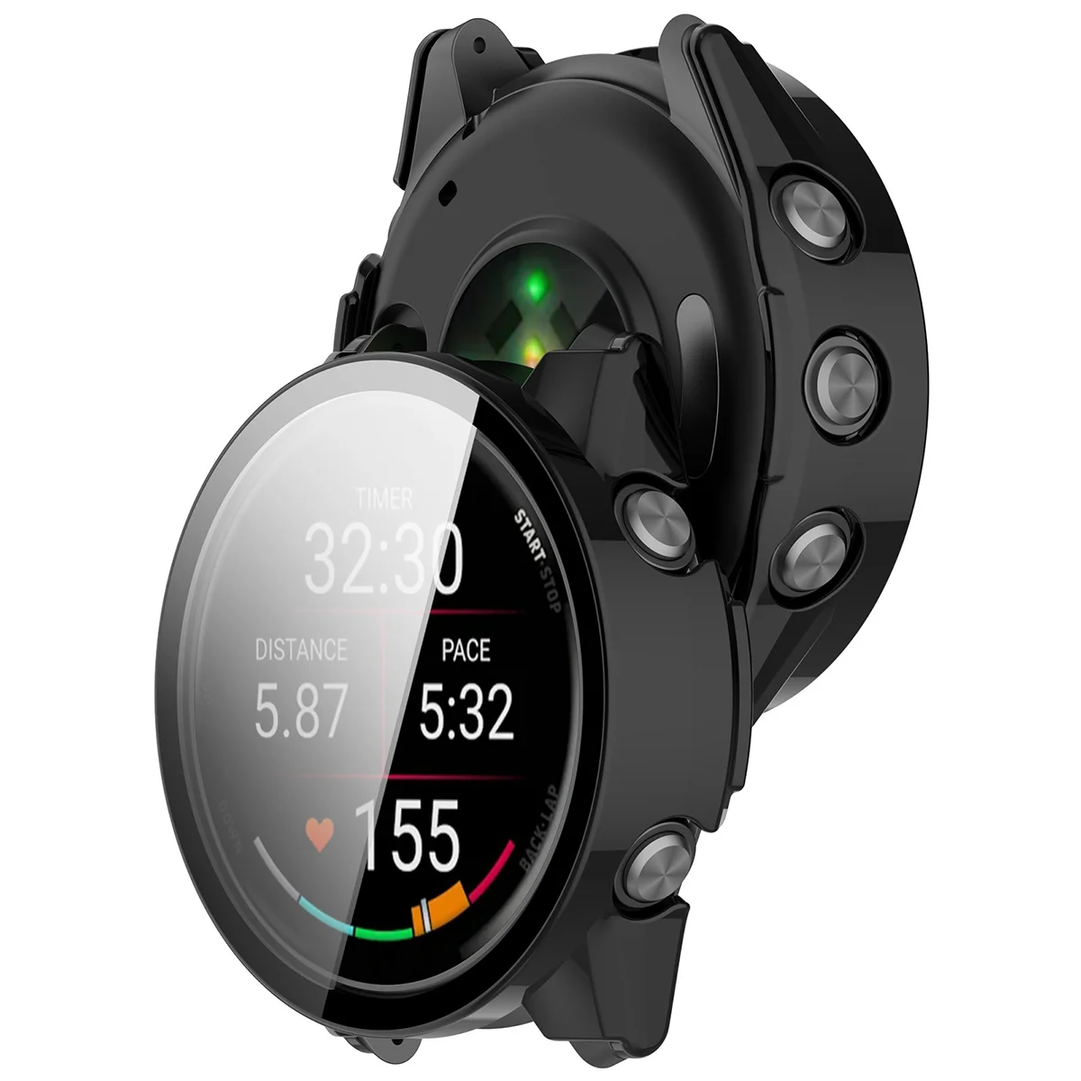 Bizon Case Watch Adamo beépített üveggel a Garmin Forerunner 70 / 170 / 170 Music számára