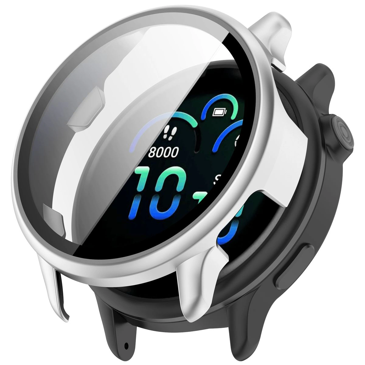 Visualisierung der Anbringung des Etuis Bizon Case+Glass Watch für Garmin Vivoactive 6