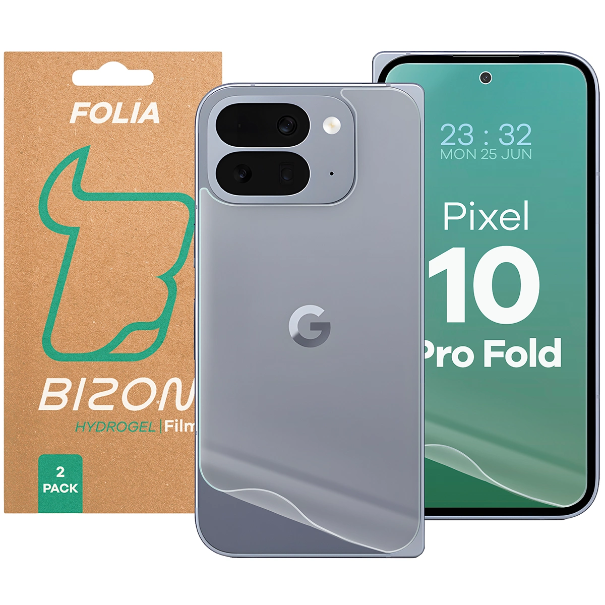 Set aus Hydrogel-Folien für die Rückseite und das Display des Bizon Glass Hydrogel Pack für Google Pixel 10 Pro Fold, 2 Stück