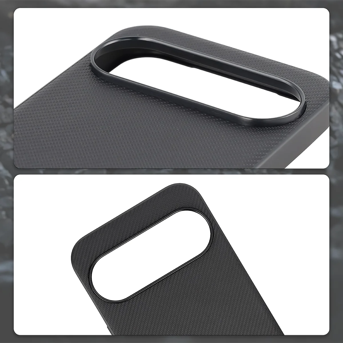 Podniesione krawędzie aparatu i wycięcie na aparat w etui Bizon Case CarbO do Google Pixel 10 Pro XL