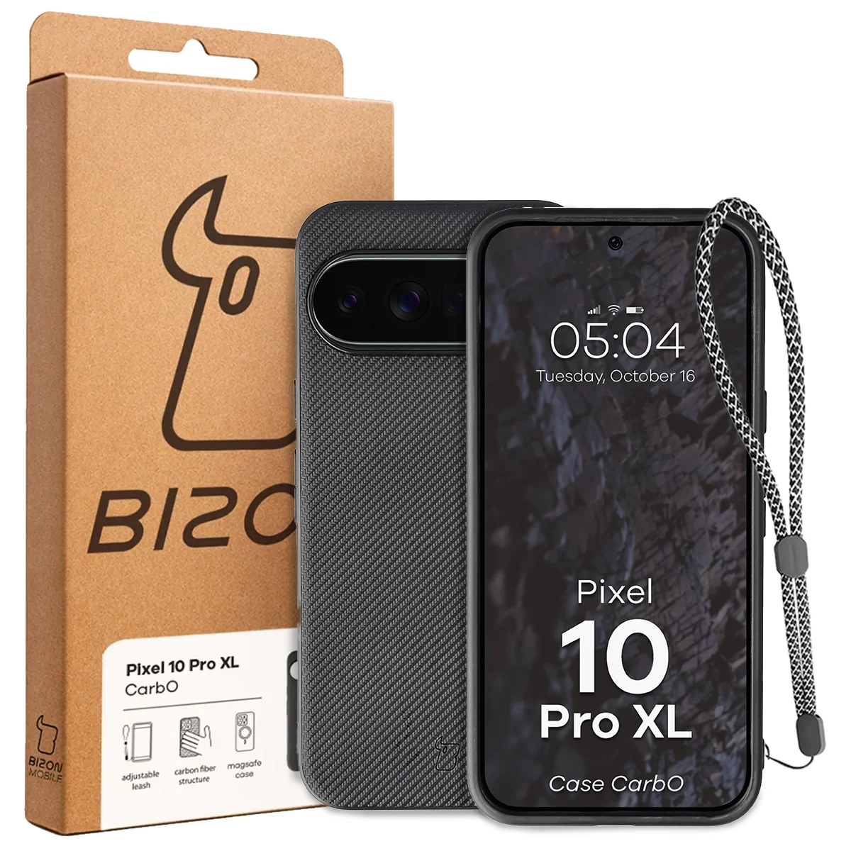 Przód pudełka Bizon Case z dedykowaną etykietą do Google Pixel 10 Pro XL