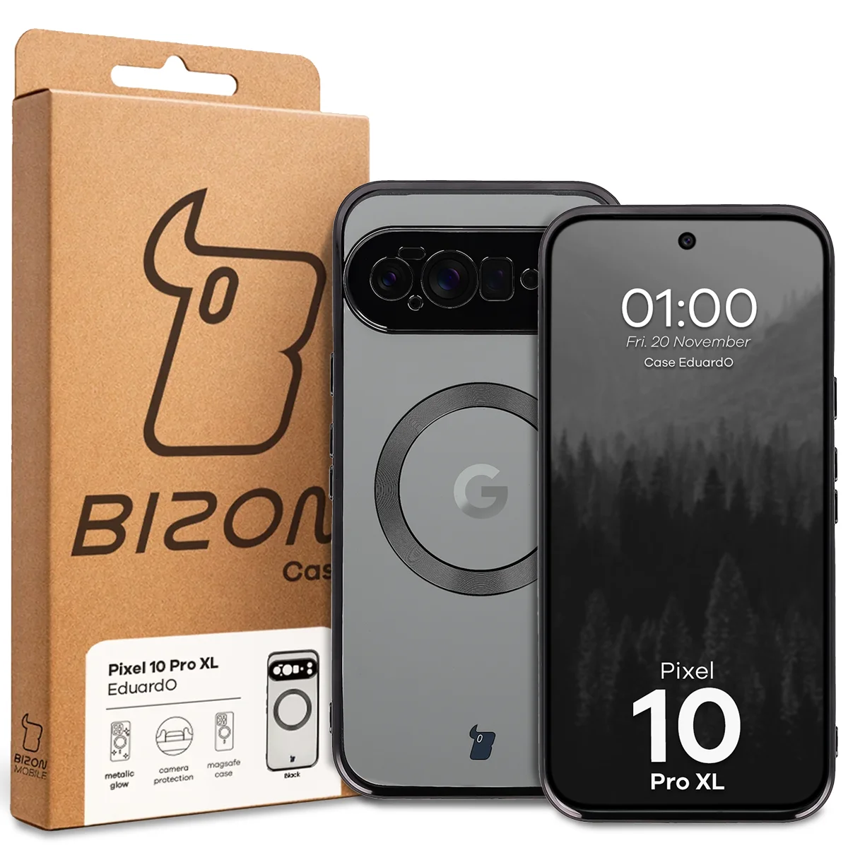 Przód pudełka Bizon Case z dedykowaną etykietą do Google Pixel 10 Pro XL