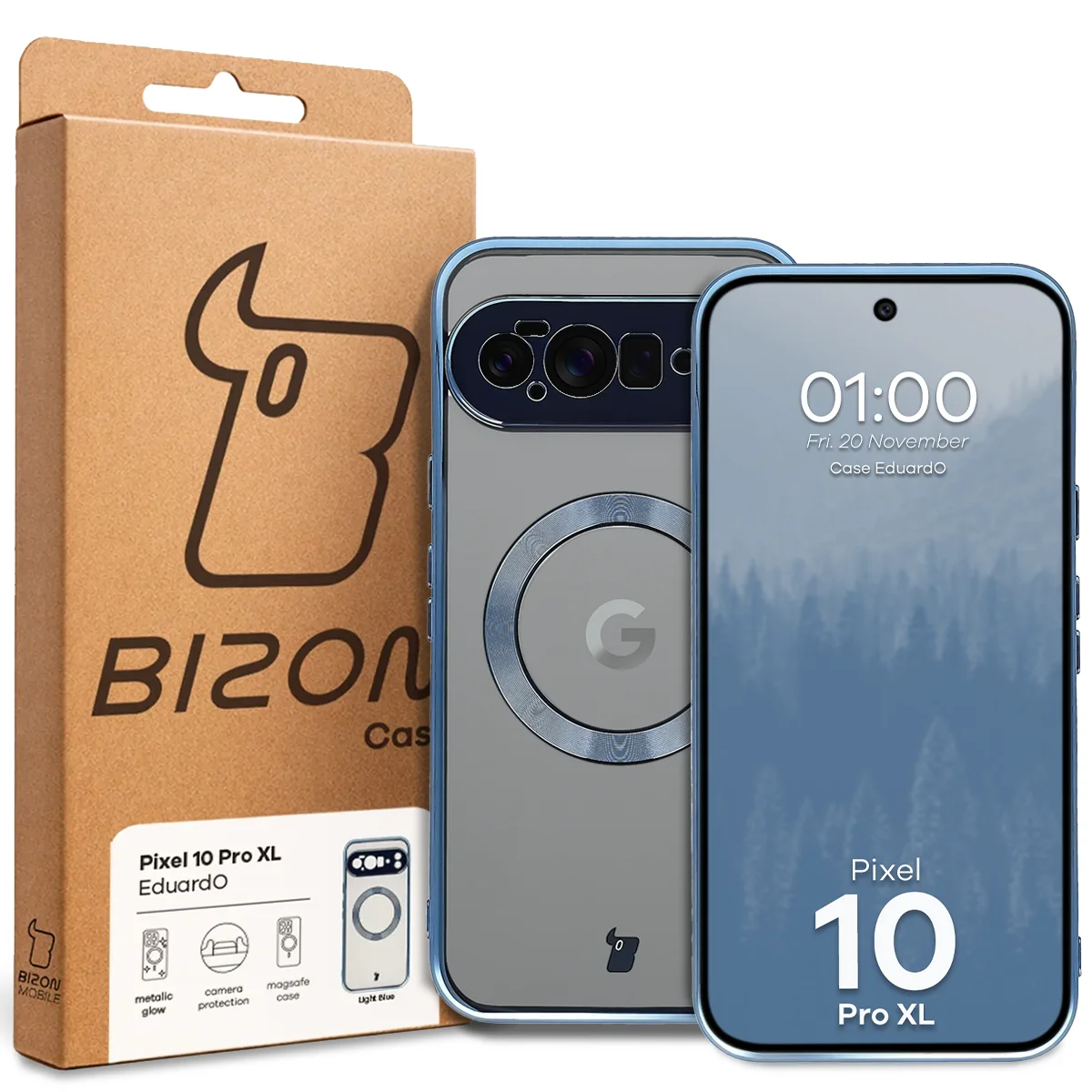 Vorderseite der Verpackung Bizon Case mit dediziertem Etikett für Google Pixel 10 Pro XL