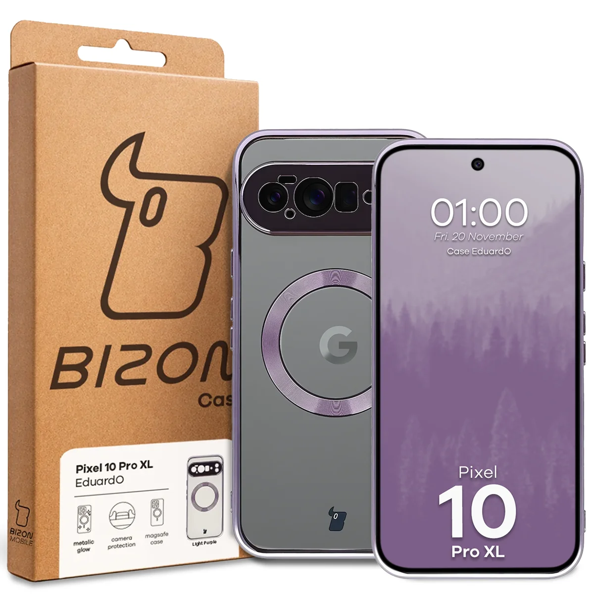 Przód pudełka Bizon Case z dedykowaną etykietą do Google Pixel 10 Pro XL