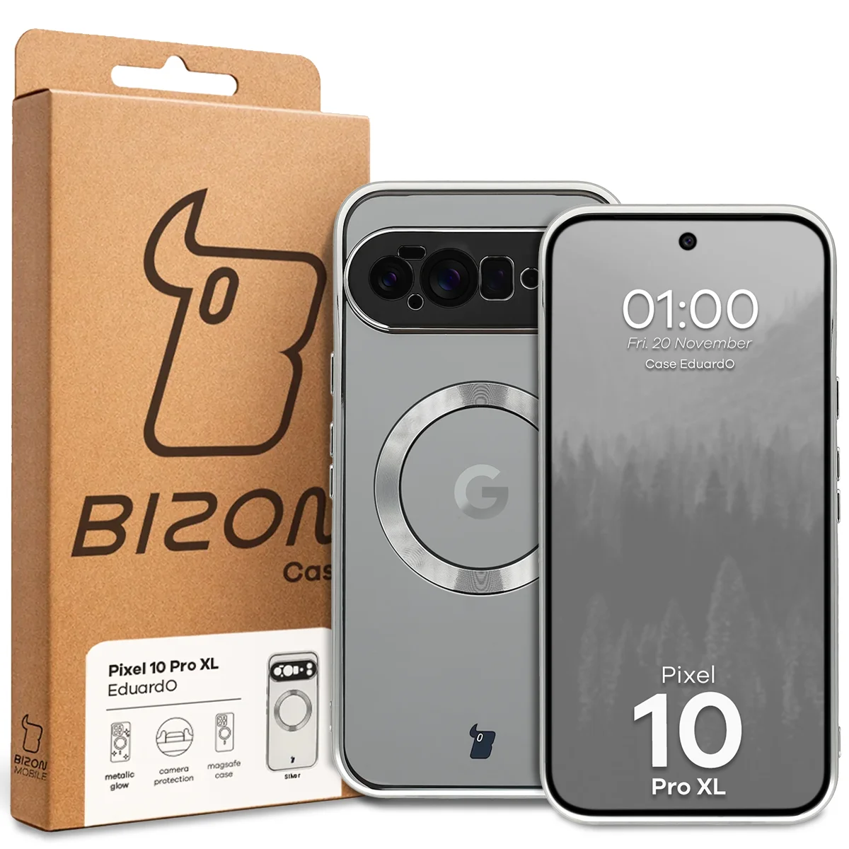 Przód pudełka Bizon Case z dedykowaną etykietą do Google Pixel 10 Pro XL
