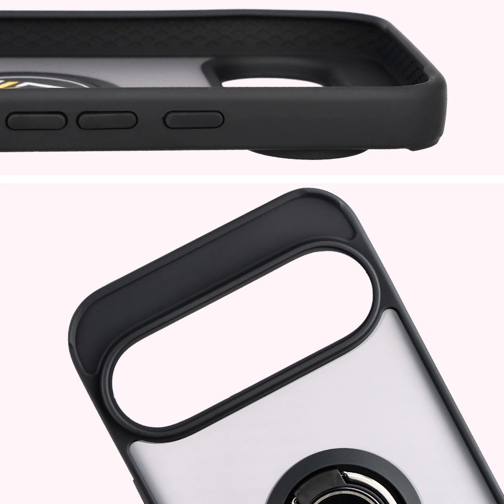 Zbliżenie na podwyższone krawędzie przy wyświetlaczu i wyspie aparatu w etui Bizon Hybrid Ring do Google Pixel 10 Pro XL